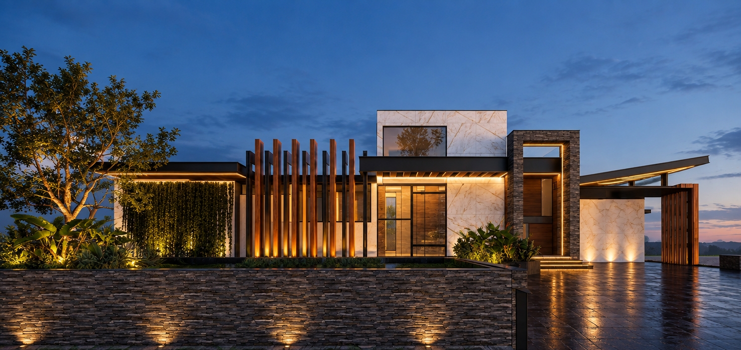 An incredibly lifelike, richly detailed, photorealistic wide-angle shot of a modern luxury residence set in a serene, twilight landscape. The scene is illuminated by the soft, ambient glow of the blue hour, complemented by warm 2700K concealed LED strips that highlight the architectural geometry, creating a sophisticated and inviting atmosphere. Captured with a 35mm tilt-shift lens, emphasizing the crisp contrast between the polished Calacatta Oro marble surfaces and the rugged texture of the dark volcanic stacked slate.

The residence is a masterclass in contemporary elegance, featuring a primary volume clad in pristine, mirror-polished Calacatta Oro marble that captures the subtle fading light. A series of vertical Ipe wood louvers creates a rhythmic, warm visual transition on the left, which finds balance against the bold, matte black powder-coated steel cantilevered structures. The main entrance is framed by a commanding dark slate portal, leading the eye toward the interior through a glass-paneled entry. The foreground is defined by a polished basalt driveway, appearing slightly damp to capture soft reflections of the architectural lighting. Lush, sculptural landscaping—including sharp-edged agaves and an elegant, mature tree—frames the structure, while recessed uplighting casts dramatic shadows against the marble, grounding the building in its environment. The composition is perfectly balanced, with every structural element showcasing precision, clean horizontal lines, and a high-end materiality that radiates architectural refinement.