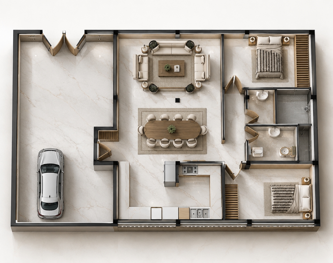 An incredibly lifelike, richly detailed, photorealistic top-down interior photograph of a spacious modern fusion living room and open-concept residence set in a luxurious contemporary home. The scene is illuminated by soft recessed ambient ceiling lighting blended with gentle daylight streaming in, creating an elegant, airy, and serene atmosphere. Captured with a medium-format camera equipped with a sharp wide-angle architectural lens, emphasizing the gleaming polish of white veined ceramic floor tiles and the tactile warmth of natural oak woodwork throughout. 

The sophisticated layout showcases a cohesive neutral color palette of soft taupe, muted beige, and creamy white, artfully grounded by rich wooden cabinetry, trim, and accent panels. At the center, plush contemporary sofas gather around a tailored coffee table over a low-profile wool rug, while an expansive wooden dining table surrounded by sleek, ergonomic chairs commands the dining zone. Seamlessly connected, the minimalist gourmet kitchen features pristine waterfall countertops and integrated wood-grained storage, perfectly blending modern minimalism with warm, organic fusion aesthetics.