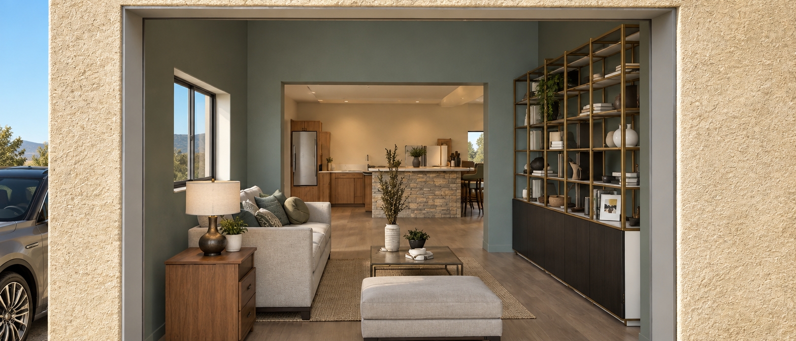 A high-resolution interior architectural photograph capturing the exact scene framed through a wide opening, strictly maintaining the original geometry, perspective, and placement of every element without adding or removing objects. The foreground exterior wall features realistic rough-cast stucco plaster with subtle organic variations and tactile micro-relief. Inside, the space is illuminated by soft, natural daylight entering from the side window and the front aperture, creating delicate light falloff and soft-edged ambient shadows across the smooth matte sage-green painted walls. The furniture exhibits authentic material properties: finely textured woven upholstery on the sofa with natural folds and seams, rich organic wood grain on the side table, and a brushed satin brass finish on the slender metal shelving unit displaying books and decorative ceramics with realistic matte and glossy glazes. The floor features a seamless matte finish with subtle, diffuse light bounces. In the background bar and kitchen area, warm ambient lighting accentuates the tactile rough stone facing of the island and the smooth wood cabinetry. The edge of the vehicle on the far left displays realistic metallic paintwork with authentic environmental reflections and detailed matte rubber tire texture. Shot on a professional architectural camera with a 24mm tilt-shift lens, perfectly leveled verticals, balanced dynamic range, and subtle photographic grain for complete photorealism.