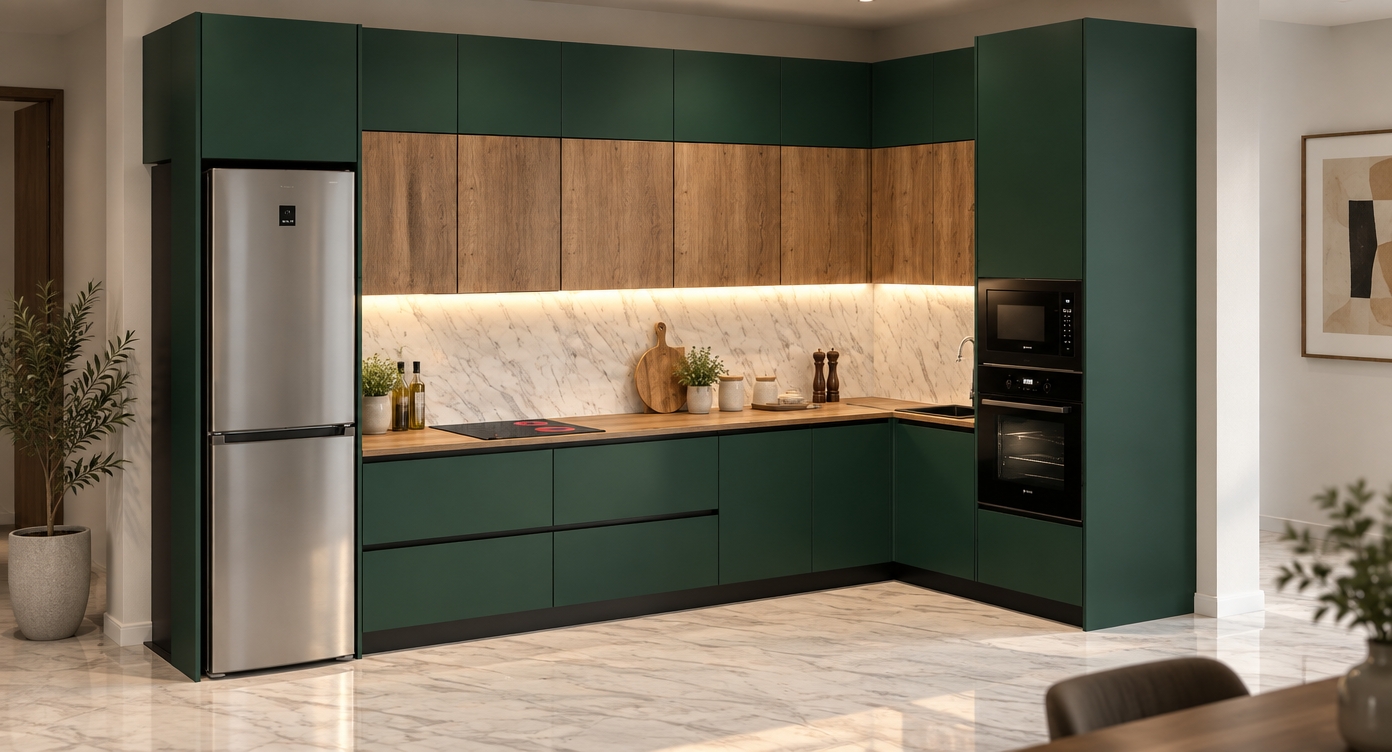 A crisp architectural photograph captures this exact L-shaped kitchen composition, enhancing the deep forest green matte cabinetry, warm natural wood grain, and authentic white veined marble backsplash and floor. Warm 3000K LED under-cabinet strip lighting softly washes down across the wooden countertop, casting gentle diffuse reflections and highlighting subtle decor accents like a wooden cutting board, small ceramic jars, and minimalist kitchenware. The stainless steel refrigerator and black built-in appliances display realistic specular highlights, while balanced interior ambient lighting delivers soft contact shadows, natural depth, and fine photographic clarity without altering the framing.
