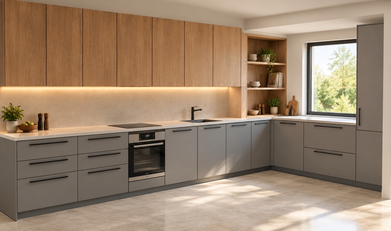 An incredibly lifelike, richly detailed, photorealistic interior shot of a modern fusion kitchen set in a bright, airy home during a warm summer midday. The scene is illuminated by soft, natural sunlight streaming through the window and supplemented by crisp, warm LED under-cabinet lighting, creating an inviting, functional, and contemporary atmosphere. Captured with a 24mm wide-angle lens, the image emphasizes the sleek, matte-grey cabinetry contrasted against the organic warmth of the timber-finished upper wall units. 

The composition highlights the clean, minimalist lines of the L-shaped layout, where matte-grey base units are accented with sharp, matte-black linear handles that provide a bold, sophisticated focal point. The solid countertop stretches seamlessly, housing a flush-mounted induction cooktop and sink, while the open wooden shelving on the side adds a curated, tactile layer to the design. Reflections are subtle and realistic, dancing off the smooth surfaces, and the perspective draws the eye naturally toward the window, where the hint of lush summer greenery beyond infuses the space with a sense of vibrant, quiet luxury.