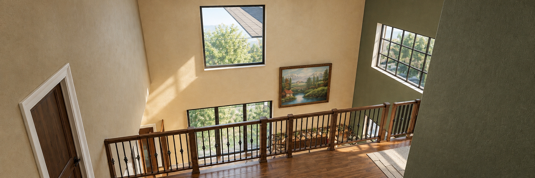 A photorealistic architectural photograph captured from the exact high-angle perspective, preserving all structural geometry, layout, and placement. Bright, natural daytime light pours through the upper window and side multi-pane glass, casting soft, diffused shadows across the textured beige and muted green plaster walls. The wooden mezzanine floor and railing balusters feature genuine wood grain micro-textures, with realistic glass reflections in the framed painting and windows, balanced exposure, subtle depth of field, and crisp photographic clarity.