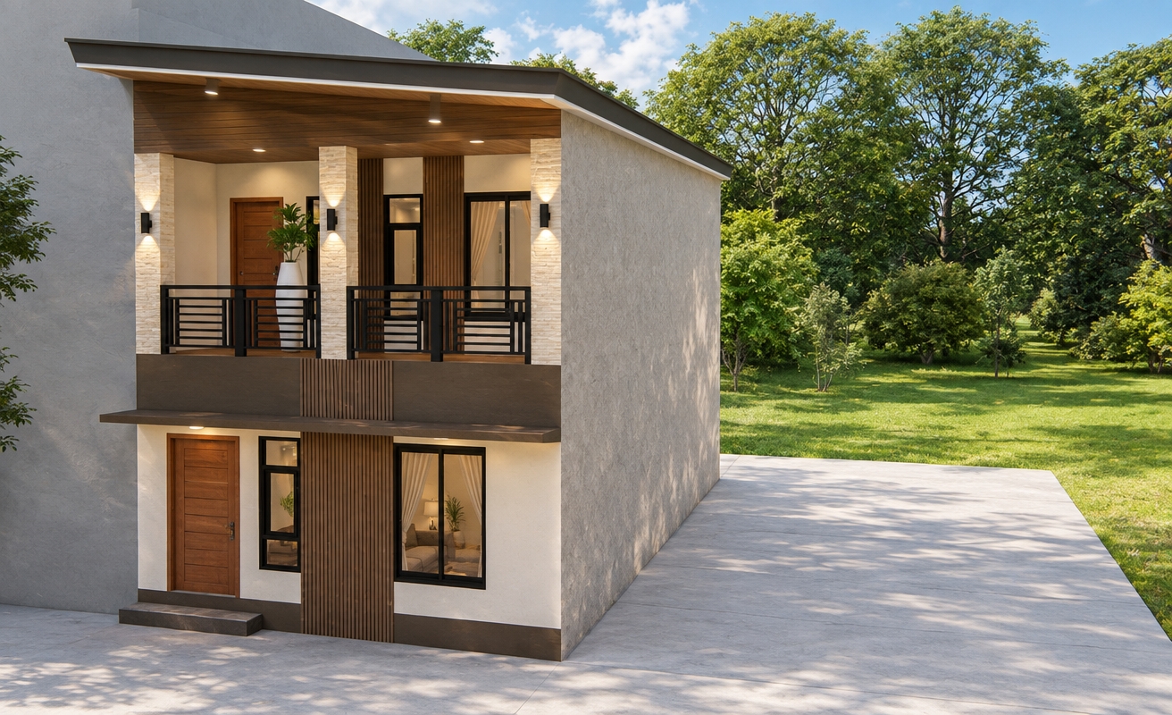 An incredibly lifelike, richly detailed, photorealistic eye-level perspective of a contemporary two-story minimalist residence set in a lush, sun-drenched suburban landscape. The scene is illuminated by the bright, crisp light of a summer midday, casting soft, defined shadows that accentuate the clean lines of the building’s shed roof and modern geometry, creating an airy and inviting atmosphere. Captured with a 35mm wide-angle lens, the composition highlights the sophisticated interplay between smooth off-white stucco walls and warm, vertically ribbed wood paneling that draws the eye upward to the second-story balcony. The architectural exterior comes to life with deep-toned, rich hardwood panel doors and sleek, black-framed windows that reflect the vibrant green canopy of the surrounding trees. At the balcony level, warm recessed ceiling lights cast a soft, welcoming glow against the soffits, while subtle, elegant wall sconces mounted on the textured brick accents emit focused pools of light, adding depth and a touch of luxury to the facade. The open-air balcony features a sturdy, minimalist black railing, and the integration of interior ambient lighting, visible through the windows, suggests a cozy and modern living space within. The surrounding environment, featuring a sprawling lawn and a dense backdrop of mature, sun-drenched foliage, provides a serene, verdant contrast to the home’s sharp, refined aesthetic, resulting in a perfectly balanced architectural visualization of a peaceful, modern haven.