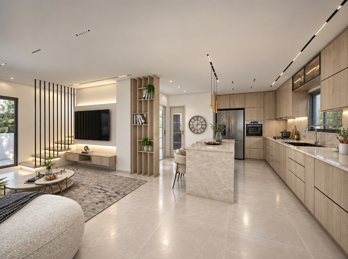 Professional architectural photograph shot with a wide-angle tilt-shift lens, capturing the exact interior layout, geometry, and composition with pristine clarity. The scene is illuminated by balanced, neutral 4000K indirect cove lighting, soft pendant glows, and gentle, diffused natural daylight entering from the side window, casting delicate contact shadows and realistic ambient occlusion without warm color casts. Surfaces exhibit physically accurate micro-textures, including genuine fine grain on the pale wood cabinetry, subtle veining and soft specular reflection across the cream stone island, faint reflections on the large-format floor tiles, and authentic brushed metal textures on appliances. Natural photographic qualities like faint lens vignetting, subtle sensor grain, and true-to-life light falloff ground the space, replacing the sterile CGI aesthetic with crisp, lifelike realism while strictly maintaining all original finishes, structures, and neutral tones.