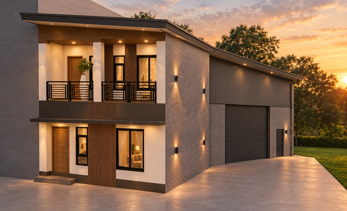 An incredibly lifelike, richly detailed, photorealistic wide-angle shot of a contemporary minimalist residence set in a tranquil suburban environment during a warm summer sunset. The scene is illuminated by the soft, golden glow of the setting sun, which casts long, dramatic shadows and highlights the subtle textures of the structure, creating an inviting and serene atmosphere. Captured with a 35mm lens, the image emphasizes the rich, warm wood grain of the hardwood panel doors and the intricate vertical slats that provide rhythmic interest to the facade. The building’s exterior is further brought to life with warm LED downlights recessed into the ceiling of the upper balcony and the ground floor overhang, while elegant wall-mounted sconces cast a gentle, ambient wash of light against the textured brick finish of the exterior walls. To the right, a sleek, two-story industrial warehouse addition seamlessly integrates with the house, its muted gray concrete surfaces providing a modern contrast to the residence's refined aesthetic. The composition draws the eye across the polished, clean-lined architecture toward the lush, verdant backdrop of mature trees, while the sharp depth of field captures the fine details of the black metal railings, the welcoming glow of interior lights visible through the crisp glass windows, and the soft, organic silhouettes of the surrounding landscape, culminating in a sophisticated vision of a modern haven.