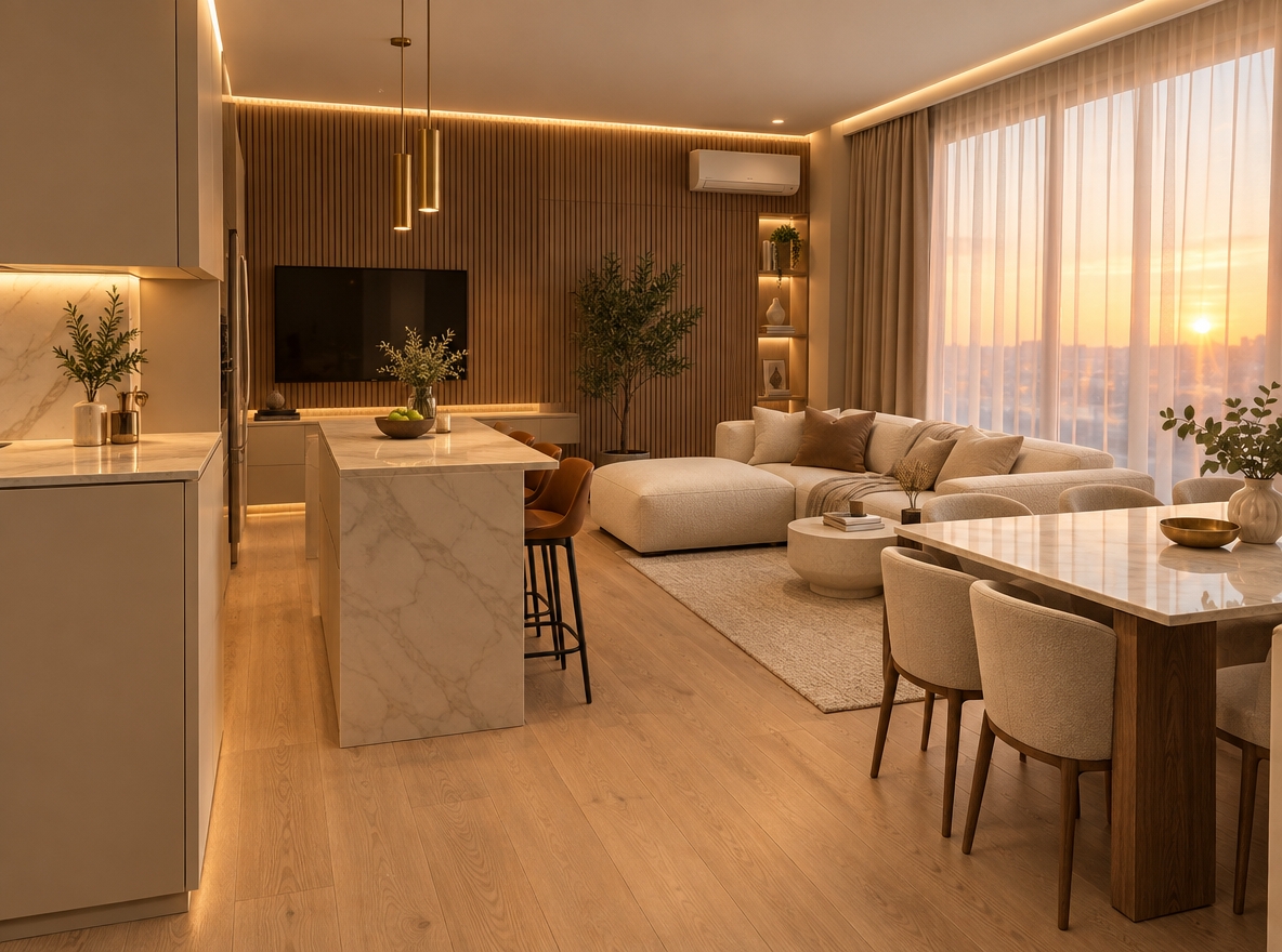 An incredibly lifelike, richly detailed, photorealistic wide-angle interior shot of a sophisticated open-concept kitchen and living room set in an upscale modern apartment. The scene is illuminated by the warm, golden-amber hues of a setting sun streaming through sheer floor-to-ceiling drapery, complemented by subtle, warm-toned architectural LED cove lighting, creating a serene, sophisticated, and inviting atmosphere. Captured with a full-frame camera and a 24mm architectural lens, emphasizing the velvety texture of a cream bouclé sectional sofa, fluted walnut wood wall paneling, and the subtle veining of a honed Calacatta marble kitchen island. 

In this reimagined design, contemporary elegance replaces clutter with a harmonious, tailored open floor plan. The living area is anchored by a sleek, low-profile modular sofa facing a minimalist media wall with concealed storage and integrated recessed display niches. Flowing effortlessly into the dining and culinary space, a streamlined kitchen features handleless matte-greige cabinetry and a floating quartz island lined with sculptural leather barstools, serving as both a functional workspace and a chic gathering spot. Oversized windows frame a glowing dusk horizon, filling the space with soft, natural gradient light that reflects off brushed brass fixtures and wide-plank white oak flooring, resulting in a balanced, luxurious sanctuary tailored to effortless everyday living.