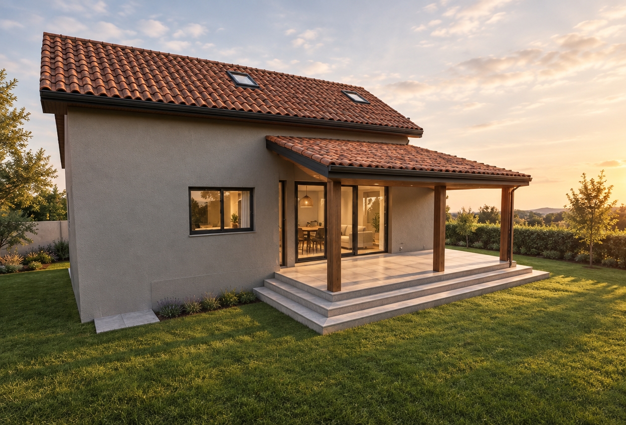 An incredibly lifelike, richly detailed, photorealistic wide-angle exterior shot of a contemporary residence set in a tranquil, manicured landscape. The scene is illuminated by the soft, golden glow of late afternoon sun, creating a refined and airy atmosphere. Captured with a 35mm lens, emphasizing the crisp contrast between the warm, textured terracotta roof tiles and the sophisticated, smooth pearl-gray stucco walls. 

The architecture exudes a clean-lined, understated elegance, featuring a cantilevered veranda supported by dark, slim-profile timber posts that cast sharp, geometric shadows across the polished stone deck. Large sliding glass doors invite the eye toward an interior defined by shades of warm white and champagne, where glimpses of tailored furniture and curated sculptural lighting hint at a luxurious, light-filled living space. The composition is perfectly balanced, with the house nestled against a soft, green lawn that anchors the structure, while two subtle skylights integrated into the roofline add a modern, functional touch. The entire setting feels like a page from a high-end photography book, blending the raw warmth of traditional materials with the precision of polished, contemporary design.