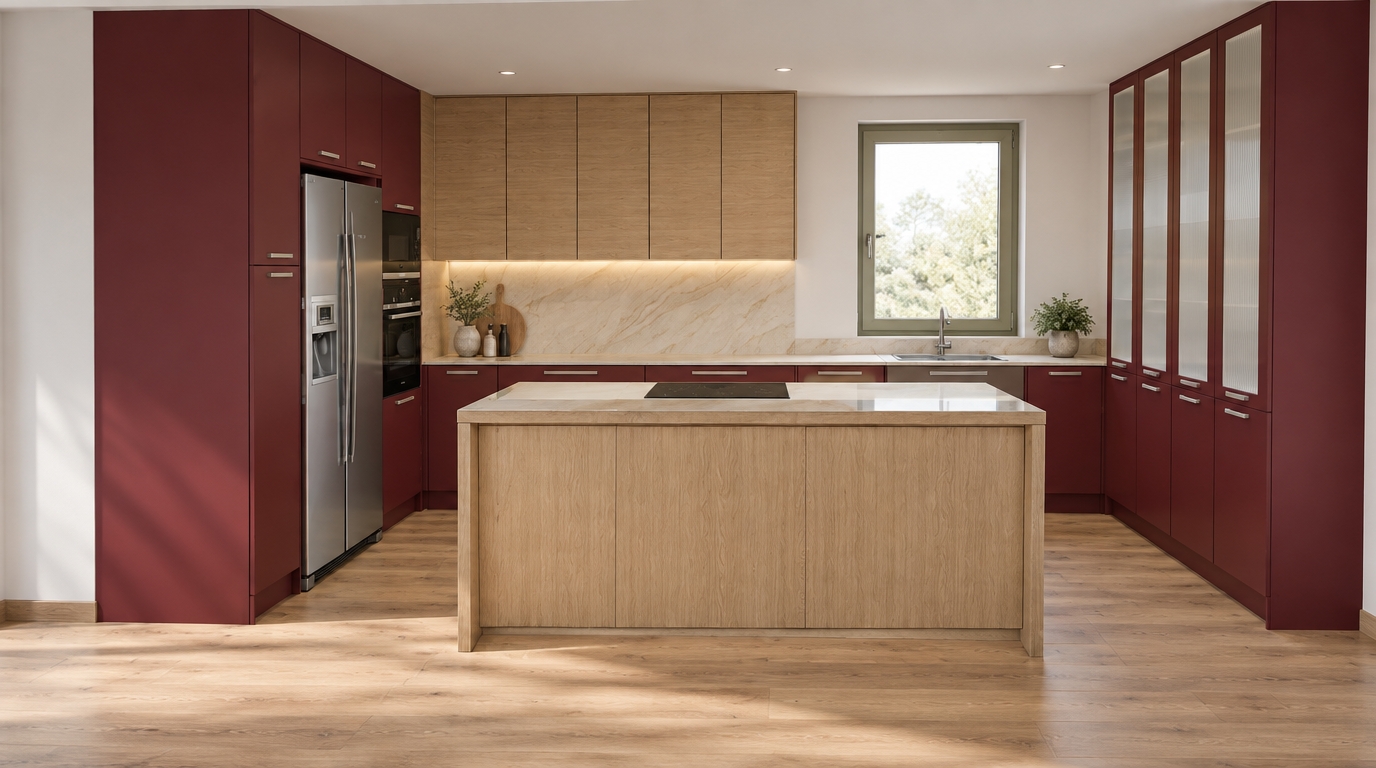 A photorealistic architectural photograph preserving the exact composition and layout, featuring matte burgundy red cabinetry in NCS S6020-R10B with metallic handles, contrasted by handleless natural oak wood upper cabinets and a matching oak island. Countertops and the backsplash showcase polished Taj Mahal porcelain with subtle warm veining, while the stainless steel appliances catch gentle specular highlights. Soft, natural daylight streams through the window to create realistic ambient illumination, subtle contact shadows, and authentic material textures across all surfaces.