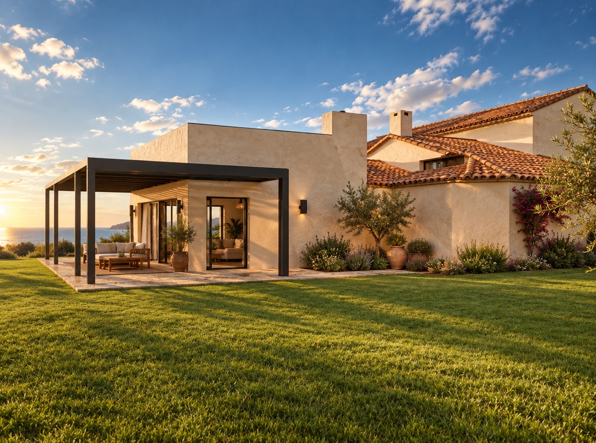 An incredibly lifelike, richly detailed, photorealistic wide-angle exterior shot of a serene Mediterranean retreat set in a sun-drenched, rolling coastal landscape. The scene is illuminated by the golden, honeyed glow of a late afternoon sun, creating a warm, inviting atmosphere that casts soft, long shadows across the manicured lawn. Captured with a 35mm lens, the composition emphasizes the contrast between the crisp, rustic terracotta roof tiles and the smooth, hand-troweled warm neutral stucco of the walls. A sleek, matte black pergola extends over the patio, providing a modern architectural anchor that frames the view into an open-plan living space featuring dark wrought iron accents and hints of lush indoor greenery. The perspective draws the eye toward the seamless transition between the outdoor living area and the garden, where textured flagstone paths meet the vibrant, soft green grass. The entire composition evokes a sense of tranquil, coastal elegance, with the deep blue sky serving as a striking backdrop to the earthy, sun-baked materials of this sophisticated home.
