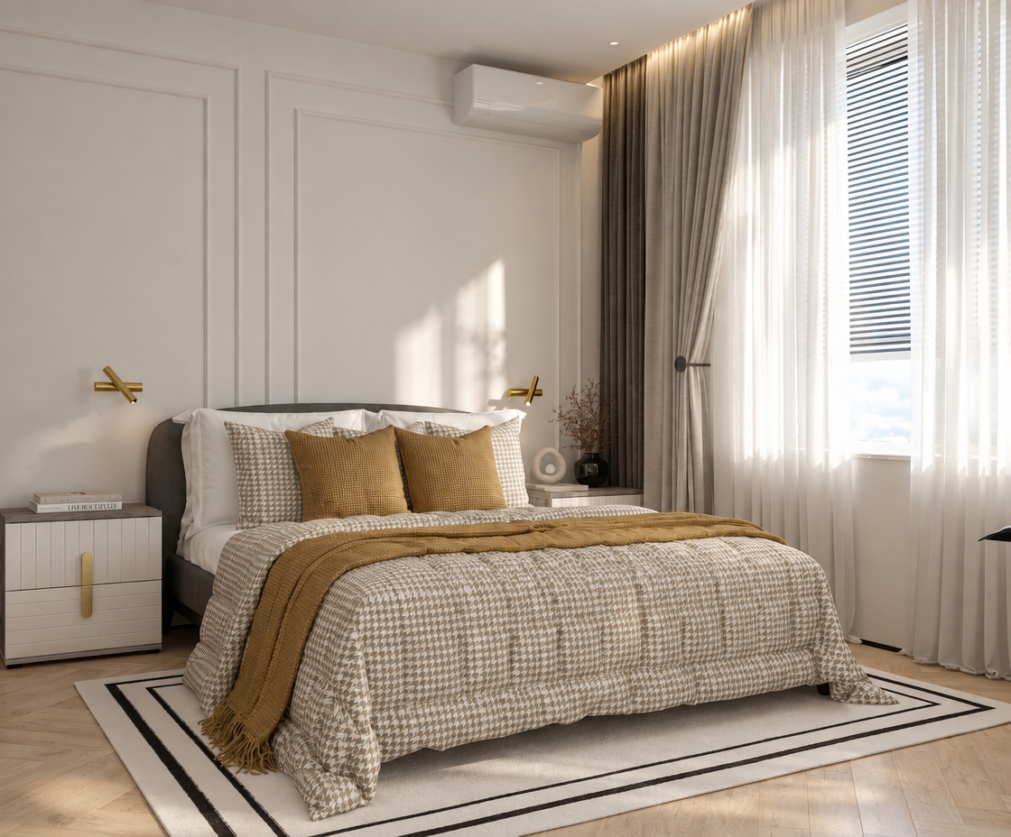 A photorealistic architectural photograph preserving the exact composition, geometry, and lighting of the bedroom, updating only the two brown accent pillows and the draped throw blanket to a sophisticated matte gold textile with a subtle, tactile weave. Soft daylight diffuses gently through the sheer window drapes, producing delicate highlights and natural shadows across the houndstooth bedspread, herringbone wood floors, and wall moldings. Captured with a 35mm lens, the rendering features lifelike fabric creases, realistic metal warmth on the sconces, faint sensor grain, and gentle optical falloff for an authentic, unrendered photographic finish.
