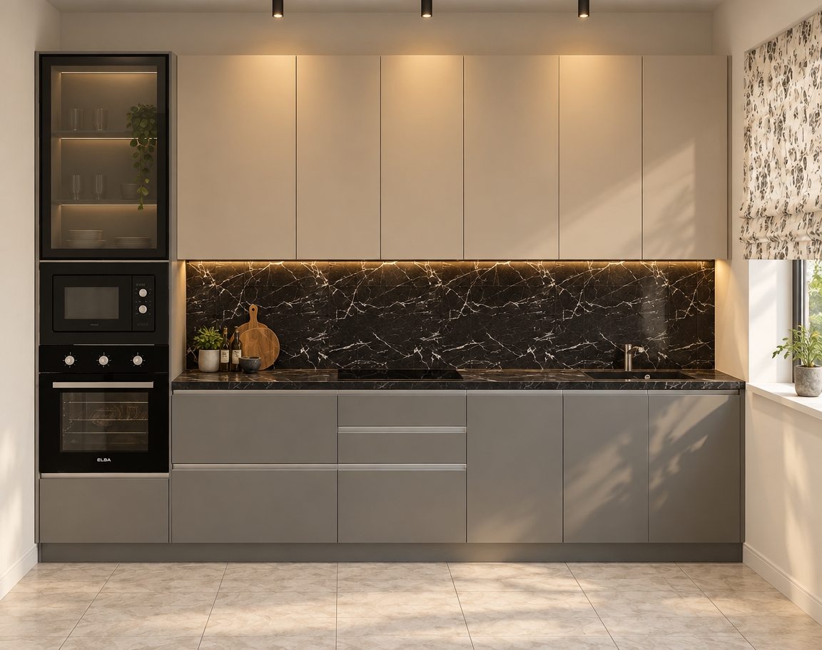 A straight-on photograph capturing the kitchen cabinetry under cozy, warm track lighting combined with soft natural daylight from the right window. The scene features smooth matte beige upper cabinets and muted grey lower units balanced against the polished black marble countertop and backsplash, which display crisp, authentic white veining and soft specular highlights. The appliance glass has realistic ambient reflections, while the light tile floor shows natural grout micro-textures and subtle directional shadows. Captured with a 50mm lens, the image has rich material depth, warm color temperature, and fine photographic grain.