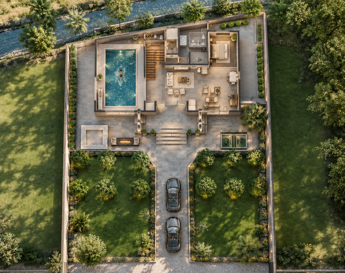 An incredibly lifelike, richly detailed, photorealistic wide-angle architectural exterior-to-interior shot of a luxurious classical-fusion duplex villa set in a sunlit, manicured private estate. The scene is illuminated by brilliant, warm midday summer sunlight streaming down from high above, casting crisp, defined geometric shadows across the elevated limestone terrace and creating a serene, opulent atmosphere. Captured with a Hasselblad H6D-100c medium format camera and a 24mm tilt-shift lens, emphasizing the tactile matte textures of 80x80 cm gray porcelain floor tiles, honed travertine retaining walls, and crystalline water caustics reflecting from the covered pool. 

Through the grand floor-to-ceiling glass facade, the spacious main living hall is bathed in natural daylight complemented by soft, warm continuous LED cove lighting, framing a rich natural wood staircase set adjacent to the indoor swimming pool. Behind seamless glass partitions, gentle ripples shimmer on the pool's surface where a solitary swimmer glides through the clear turquoise water. Directly in front of the pool pavilion on the elevated terrace—raised precisely 60 centimeters above the expansive lower lawn—sits a sleek, square modern stone fire pit flickering with a low, elegant flame. Immediately adjacent, four crisp, clean-lined floating stone steps, each featuring a precise 15 cm riser, step down smoothly to the paved driveway lined with lush greenery, completing a flawless transition between elevated luxury and natural outdoor serenity.