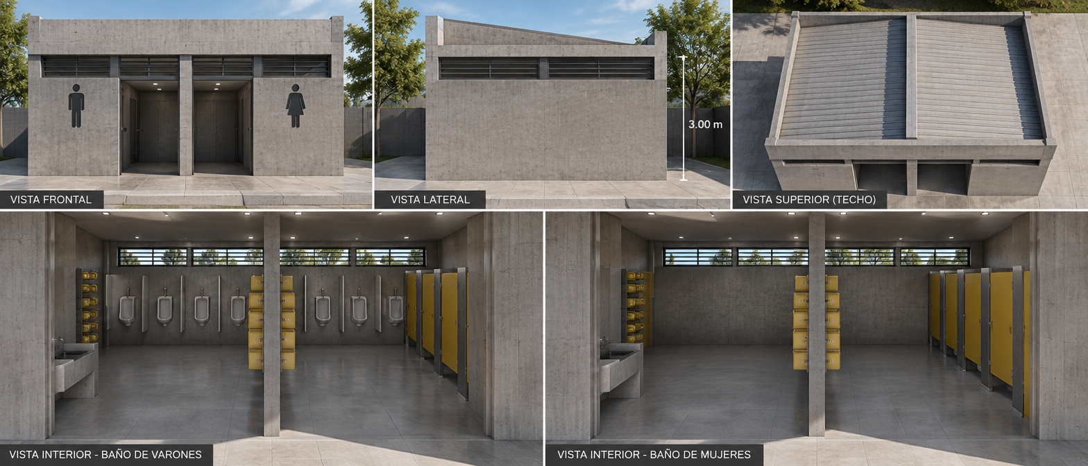 Te presento una fotografia de la distribucion de planta de un baño de varones y mujeres para un colegio. Requiero puedas generarlo en 3D respetando la distribucion al 100%. Tambien quiero que generes las proyecciones de construccion con muros de 3 metros de altura, con ventanas adecuadas para una buena ventilacion. Generame una vista de cada baño, varon y mujer, asumiendo que eres una persona que se posa al ingreso de los baños y tiene la oportunidad de observar toda la distribucion de elementos. Posteriormente genera un techo a dos caidas cubiertas por un parapeto. Utiliza un estilo brutalista contundente en los materiales y colores