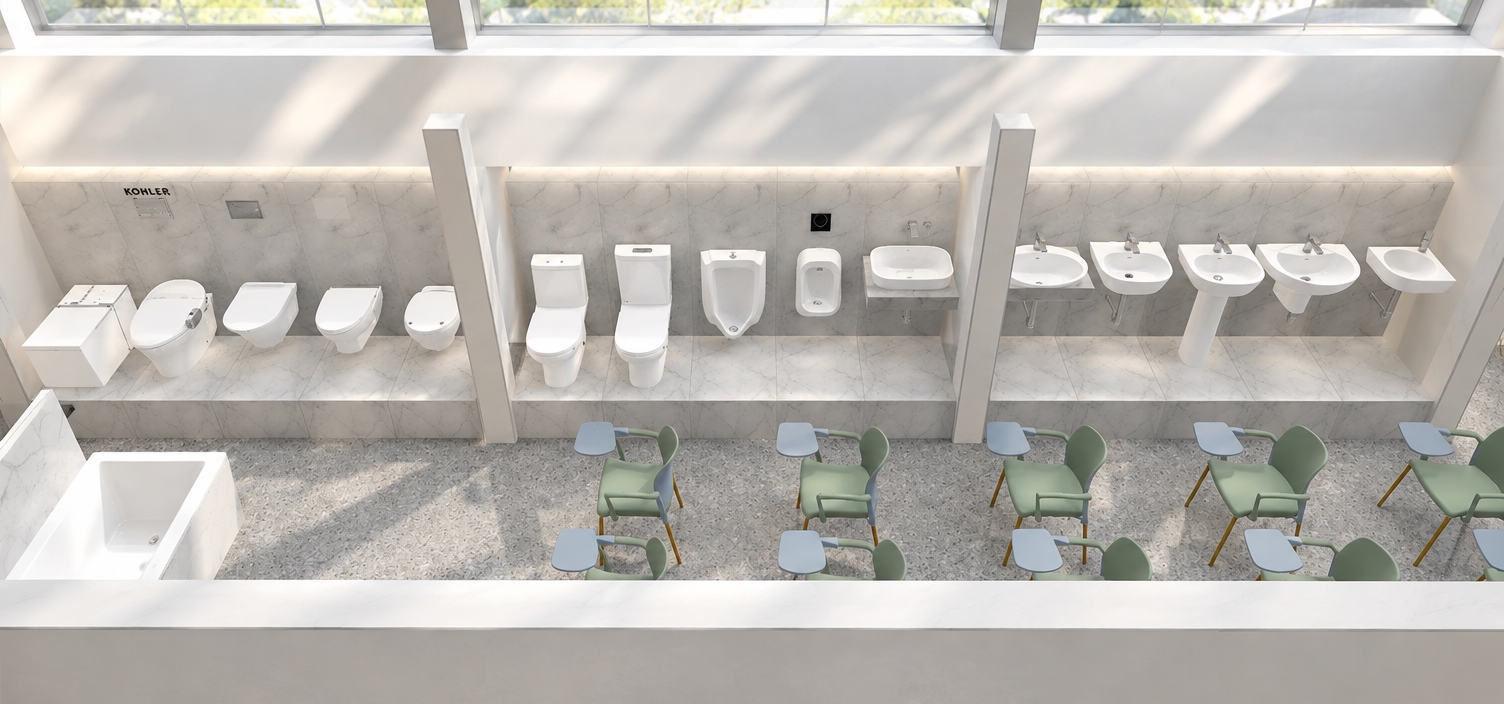 An incredibly lifelike, richly detailed, photorealistic wide-angle interior shot of a sophisticated Kohler exhibition space set in a minimalist haven. The scene is illuminated by crisp, natural midday spring sunlight streaming through overhead clerestory windows, creating a clean, airy, and professional atmosphere. Captured with a 24mm tilt-shift lens, the composition perfectly emphasizes the cool, polished marble texture of the wall displays and the high-gloss, vitreous china surfaces of the pristine Kohler fixtures. 

The gallery is organized with surgical precision; a series of wall-mounted toilets, urinals, bidets, and elegant pedestal sinks are showcased against seamless, light-veined marble slabs, while a deep, immaculate soaking tub sits in the foreground. Between the display tiers, minimalist sage-green study chairs with integrated writing tablets are arranged in tidy rows, their soft matte finish contrasting against the cool gray speckled terrazzo flooring. The lighting creates gentle, soft-edged shadows that define the architectural depth, highlighting the seamless integration of modern plumbing technology with high-end interior design, evoking the feeling of a curated, high-fashion bathroom atelier.