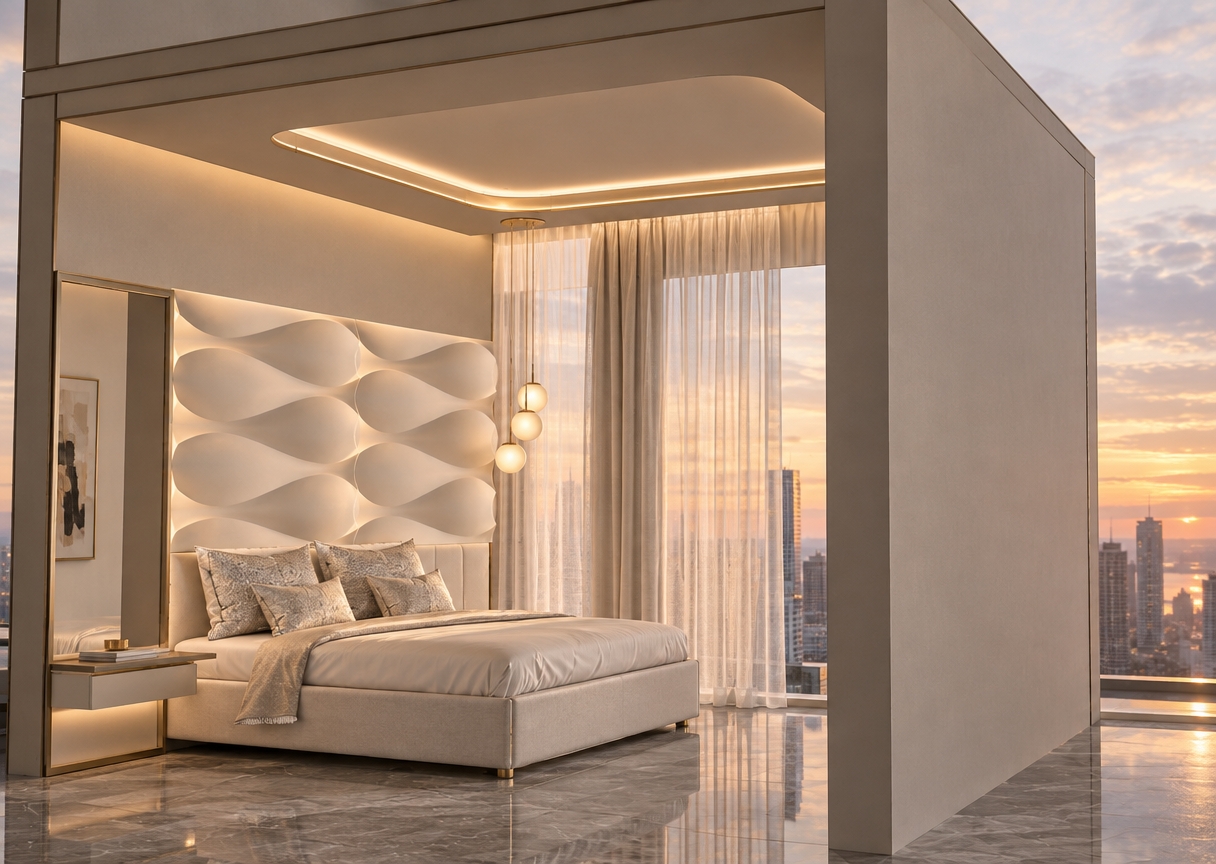 An incredibly lifelike, richly detailed, photorealistic interior shot of a contemporary primary bedroom set in a luxury urban high-rise. The scene is illuminated by the soft, ethereal glow of dusk filtering through sheer curtains and the warm, golden radiance of sculptural pendant globes, creating a sophisticated and serene atmosphere. Captured with a 35mm wide-angle lens, the composition emphasizes the interplay between the crisp, white 3D-sculpted wave paneling behind the bed and the cool, polished gray marble flooring. The space is anchored by a plush, tailored bed dressed in high-thread-count linens in shades of pearl and champagne, complemented by slim, champagne-gold metal accents on the floating bedside console. Refined details, such as the minimalist cove lighting in the ceiling tray and the curated abstract art, evoke a sense of understated elegance, while the clean-lined architecture feels airy and perfectly balanced in this tranquil, light-filled retreat.