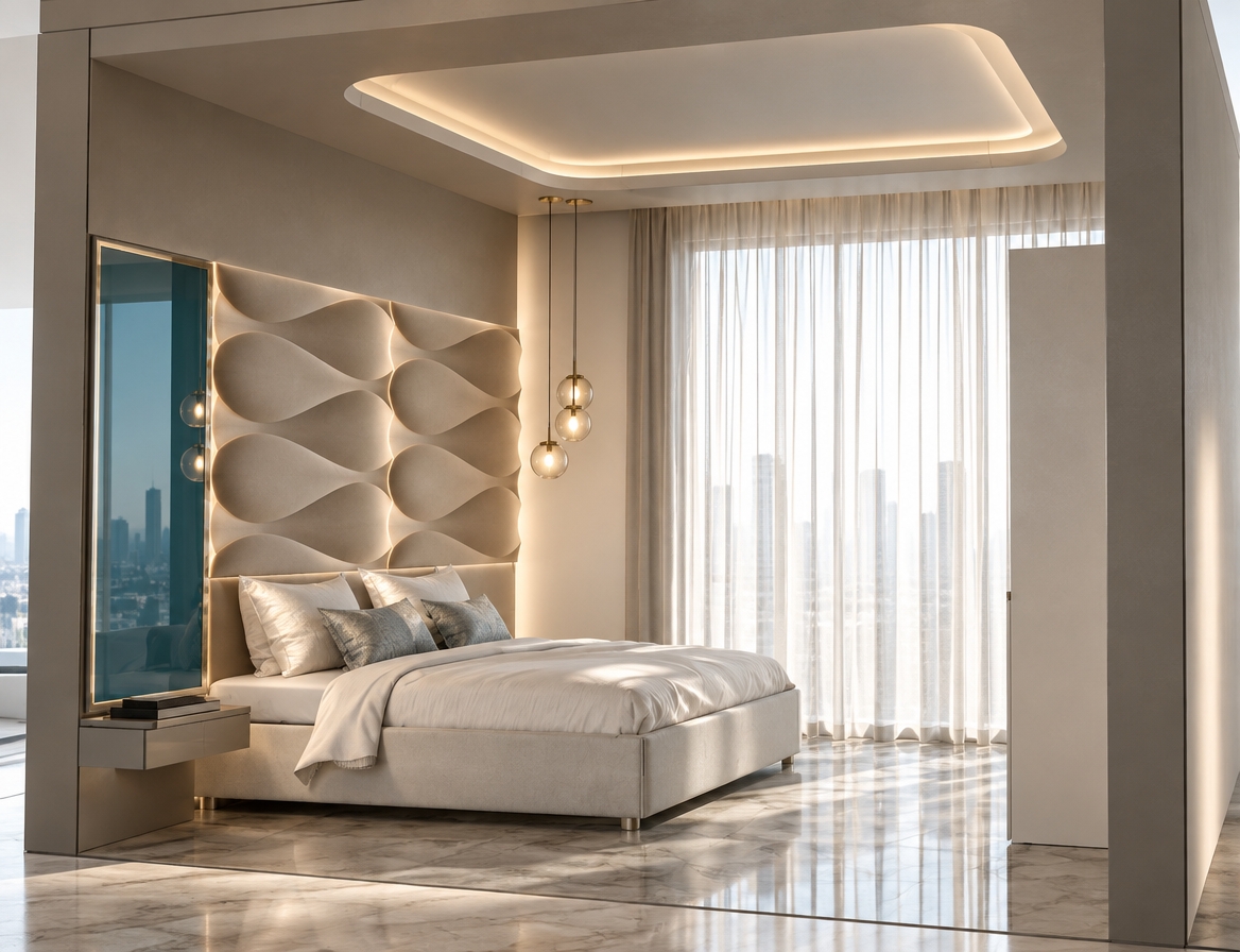 An incredibly lifelike, richly detailed, photorealistic interior shot of a contemporary primary bedroom set in an airy, high-rise urban sanctuary. The scene is illuminated by soft, diffused morning light filtering through floor-to-ceiling sheer curtains, creating a serene and sophisticated atmosphere. Captured with a 35mm lens, emphasizing the tactile interplay between the velvet-finish 3D wave-pattern feature wall and the smooth, polished stone floor.

The bedroom exudes refined elegance, anchored by a low-profile bed dressed in crisp, warm-white linens that contrast beautifully against the champagne-toned accent panel. Above, a recessed cove ceiling glows with a gentle hidden light, casting soft shadows that highlight the sculptural, spherical glass pendants hanging with graceful asymmetry. To the side, a slim, floating bedside console finished in a soft gray lacquer pairs perfectly with a sleek, vertical blue-tinted mirror, adding a touch of curated depth. Every element, from the tailored upholstered headboard to the subtle metallic trim, reflects a commitment to balanced, clean-lined minimalism, making the space feel like a page pulled directly from a high-end photography book on modern residential design.