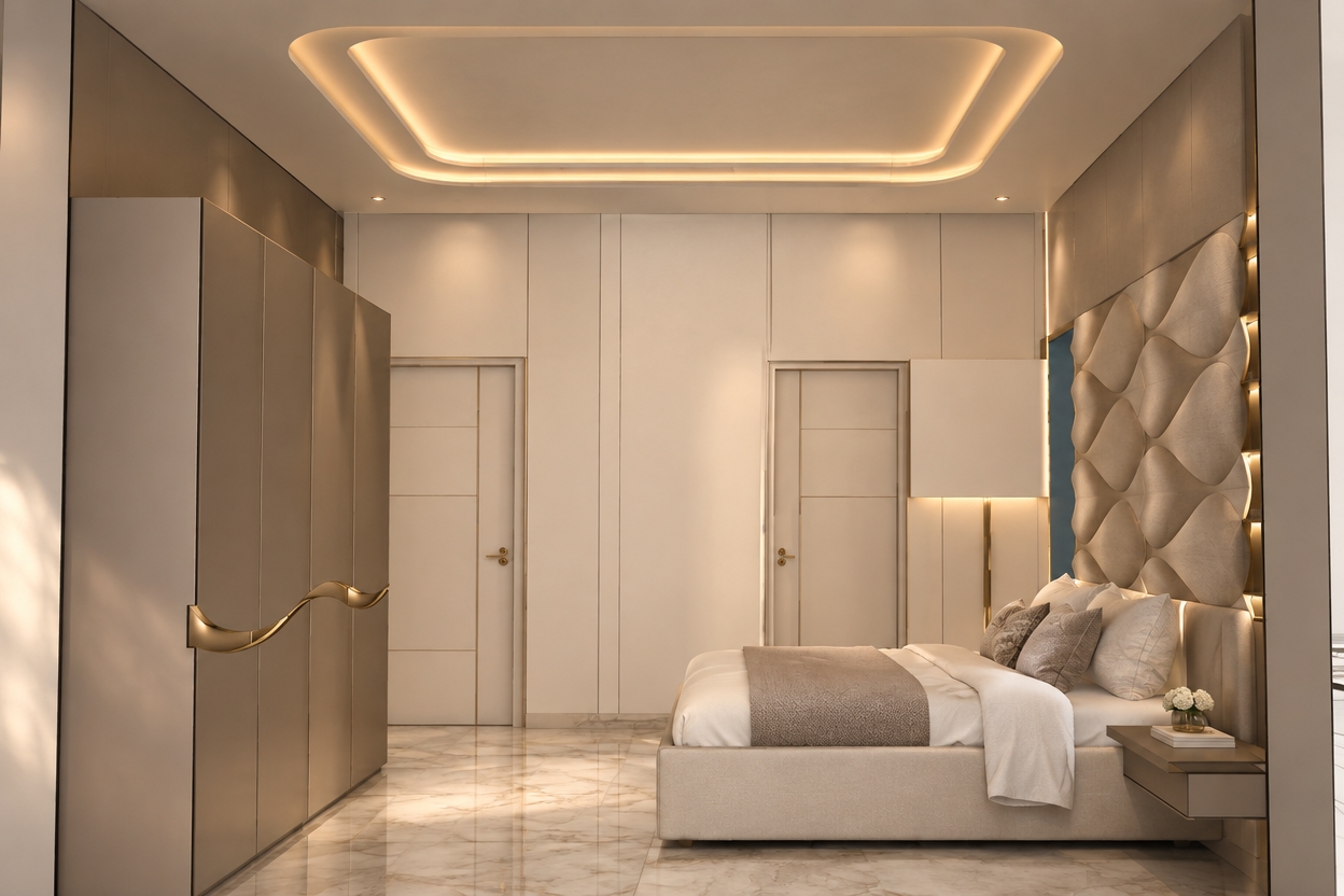 An incredibly lifelike, richly detailed, photorealistic interior shot of a contemporary master bedroom set in a luxury high-rise apartment. The scene is illuminated by a warm, recessed cove lighting system that glows from the ceiling’s sculptural tray, creating a serene, sophisticated atmosphere. Captured with a 35mm lens, emphasizing the interplay between polished marble flooring and the soft, organic textures of the room.

The space exudes refined, clean-lined elegance, featuring walls finished in a palette of warm white and champagne. To the right, an exquisite, three-dimensional acoustic wall panel adds a rhythmic, sculptural element, contrasting with the sleek, floor-to-ceiling wardrobe on the left that boasts subtle, wave-like metallic pulls. The central bed is dressed in crisp, high-thread-count linens, perfectly tailored to anchor the space. Floating bedside tables and slim, brushed-gold accents provide a minimalist yet luxurious touch, while the entire composition feels airy and meticulously curated, reminiscent of a spread in a high-end interior design photography book.