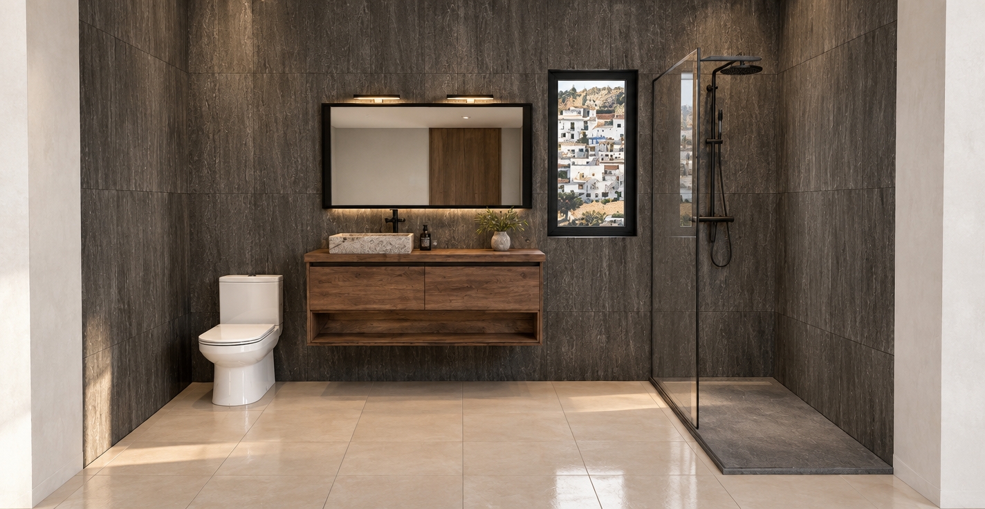 A straight-on architectural photograph of the modern bathroom, precisely maintaining the geometry, structure, and spatial layout of all elements. Authentic surface textures are emphasized throughout, featuring vertically grained dark stone wall tiles, smooth polished beige floor tiles, a tactile porous stone basin, and the warm wood grain of the floating vanity. Natural daylight mingles with warm ambient glow from the vanity fixtures, producing soft contact shadows, subtle specular highlights, and crisp reflections in the mirror and glass shower screen. Shot on a wide-angle architectural tilt-shift lens to capture rich material fidelity, porcelain gloss on the toilet, matte black finishes on the hardware, and realistic physical depth without any graphic overlays.