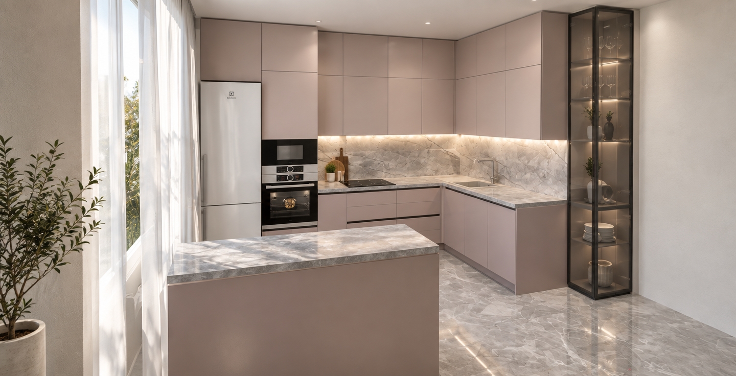 An incredibly lifelike, richly detailed, photorealistic wide-angle interior shot of a minimalist kitchen haven set in a bright, modern apartment. The scene is illuminated by soft, natural light streaming through floor-to-ceiling curtains, casting gentle, diffused shadows and creating a serene, zen-inspired atmosphere. Captured with a 24mm wide-angle lens, the composition emphasizes the clean lines of the cabinetry and the seamless flow of the workspace.

The kitchen features bespoke matte, pastel-toned cabinetry that rises flush to the ceiling, paired with a sophisticated light gray marble backsplash that glows under integrated under-cabinet LED lighting. The countertops are a tactile, textured stone composite, mirroring the polished light gray marble flooring that grounds the space. A streamlined, white high-end refrigerator stands tall beside the built-in oven, while a glass-paned vertical display unit adds a touch of modern transparency. Clutter-free surfaces reflect the minimalist aesthetic, complemented by a single sculptural indoor plant near the window that breathes life into the monochromatic palette of whites, grays, and soft dust-pinks. The perspective highlights an elegant balance between functionality and architectural purity, resulting in a space that feels both highly efficient and deeply tranquil.