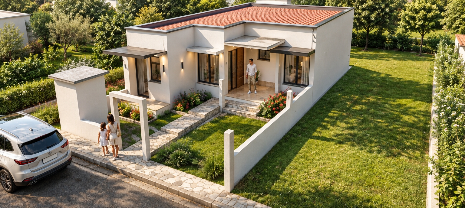 An incredibly lifelike, richly detailed, photorealistic elevated exterior shot of a modern, single-story contemporary residence set in a sun-drenched suburban neighborhood. The scene is illuminated by the crisp, golden light of a midday summer sun, creating a vibrant and welcoming atmosphere with sharp, clean shadows. Captured with a 24mm wide-angle lens, emphasizing the crisp white plaster finish of the walls and the striking contrast of the deep terracotta-tiled flat roof. 

The composition highlights an elegant entry porch and a perfectly manicured front yard, featuring lush, vibrant green landscaping accented by colorful floral shrubbery that softens the geometric lines of the structure. A contemporary stone-paved walkway leads gracefully to the entrance, where warm LED wall sconces are integrated into the facade, suggesting a transition into a sophisticated, open-plan living room visible through floor-to-ceiling glass panes. The exterior space is bordered by realistic, weathered asphalt street textures and a modern boundary wall, while the soft reflection of the sky on the glass surfaces adds a layer of depth and architectural authenticity to this serene, high-end family home.