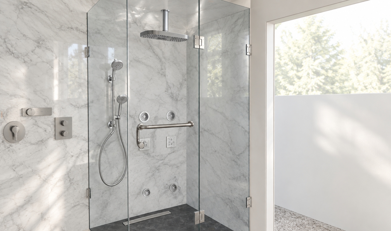 An incredibly lifelike, richly detailed, photorealistic eye-level interior shot of a luxury walk-in shower set in a serene, minimalist bathroom. The scene is illuminated by soft, diffused midday spring sunlight filtering through an adjacent window, creating a crisp, airy, and rejuvenating atmosphere. Captured with a 35mm lens, the image emphasizes the cooling, tactile textures of the polished Carrara marble walls and the sleek, chrome-finished Kohler fixtures that define this high-end sanctuary. 

Within the frameless glass enclosure, a premium Kohler overhead rain shower provides a central focal point, while the adjacent wall displays a sophisticated integrated Kohler control panel. The setup is masterfully equipped with three distinct types of Kohler body spray jets, artfully positioned alongside a sleek telephone-style hand shower and a durable horizontal grab bar. Below, a modern Kohler linear floor drain is seamlessly integrated into the dark, honed stone flooring, which contrasts beautifully with the vein-rich marble. The composition is balanced and clean, highlighting the precise alignment of the polished nickel hardware against the subtle grey striations of the stone, evoking the polished, quiet elegance of a high-end spa.