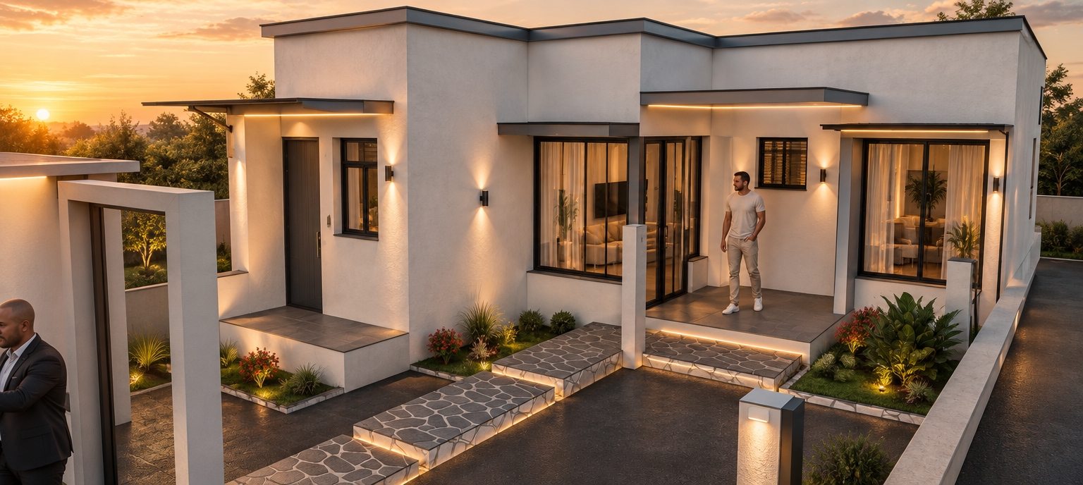An incredibly lifelike, richly detailed, photorealistic wide-angle architectural exterior shot of a modern minimalist residence set in a tranquil, manicured suburban environment. The scene is illuminated by the golden, honeyed glow of a summer sunset, creating a warm, inviting, and serene atmosphere that perfectly complements the "techno-wonderland" aesthetic. Captured with a 35mm lens, emphasizing the crisp contrast between the stark white, smooth-rendered stucco walls and the natural, irregular textures of the slate-stone pathway. 

As twilight settles, integrated warm LED strip lighting glows softly from beneath the modern canopy overhangs, while sleek, black-finished wall sconces cast elegant pools of light against the textured facades. Through the expansive, floor-to-ceiling glass doors, the minimalist living room interior is visible, featuring a high-end, contemporary layout bathed in the ambient dusk light. The landscaping is lush and hyper-realistic, with vibrant green sod and curated, wind-swept shrubs that catch the final rays of the sun. The scene is composed with a focus on geometric harmony, showcasing the depth between the sheltered porch, the patterned stone walkway, and the perfectly smooth asphalt of the surrounding private drive, evoking the feeling of a sophisticated, high-end living space in an idyllic, quiet retreat.