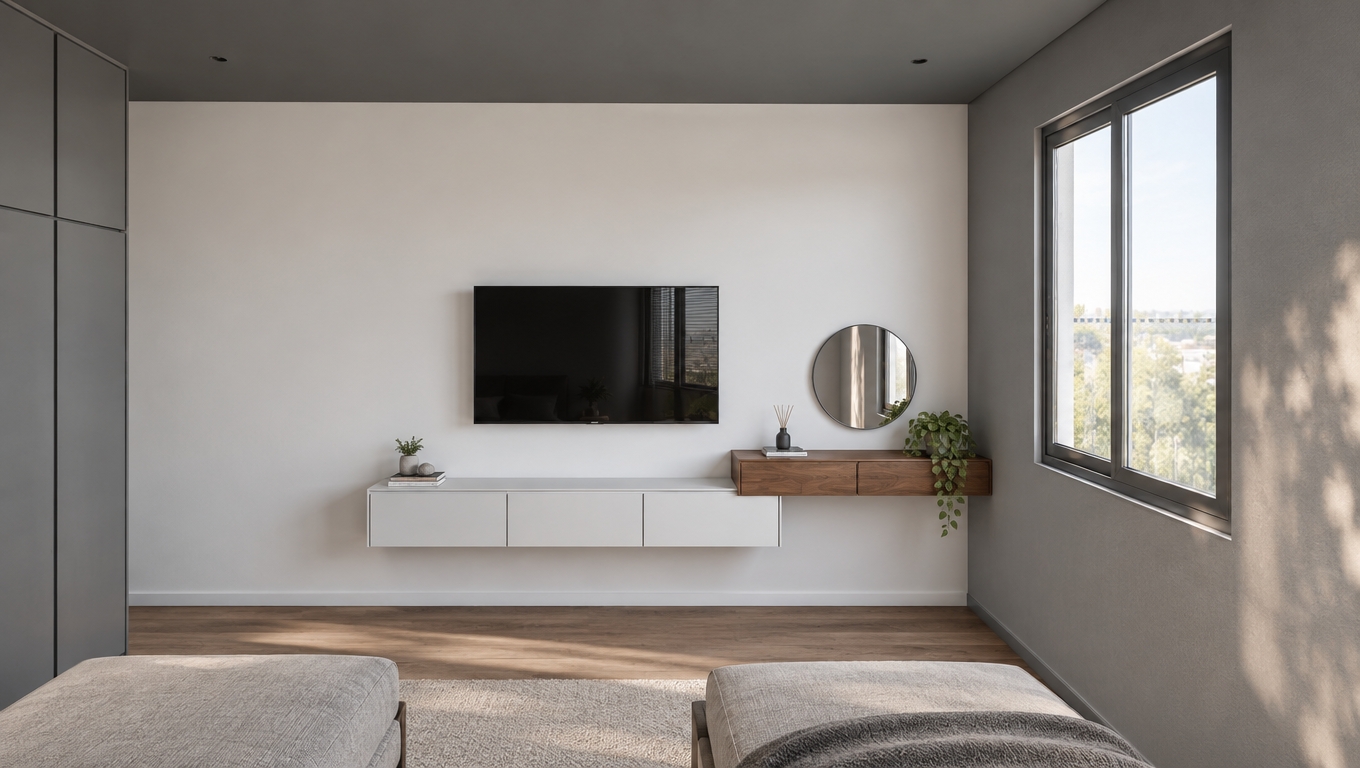 A realistic interior photograph capturing the exact room geometry, layout, and perspective shown, illuminated by soft natural daylight pouring through the window on the right. The back feature wall has a smooth, matte white plaster finish, contrasted by subtle paint texture on the muted grey side wall and dark ceiling. The sleek wall-mounted television displays realistic gloss screen reflections, positioned above a floating white lacquer media console with clean seams. Beside it, the suspended warm walnut wood drawer unit shows authentic grain patterns and fine joinery beneath a polished circular mirror with crisp, bevel-edged reflections. On the left, the tall wardrobe features smooth satin grey paneling, while foreground furniture is dressed in soft neutral fabrics, captured with a sharp wide-angle lens, subtle ambient occlusion shadows, balanced natural color temperature, and gentle photographic depth.