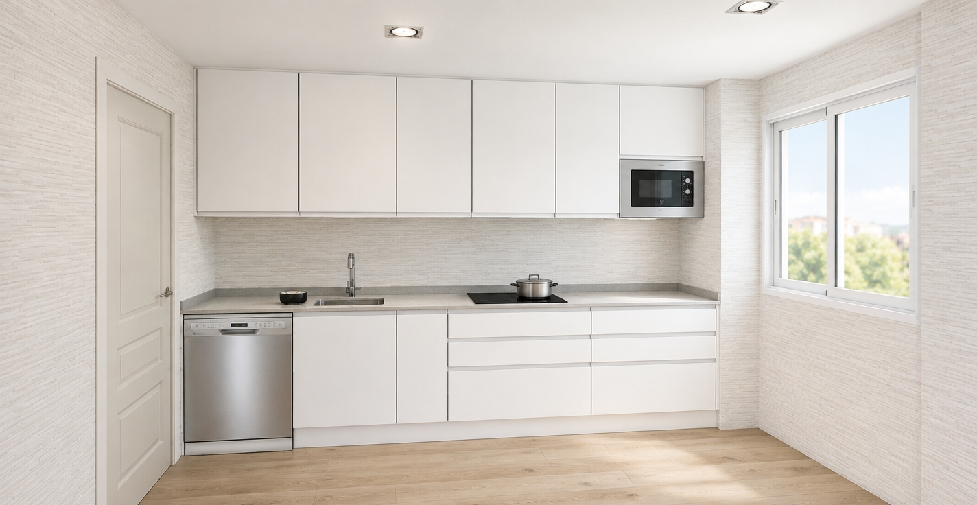 An incredibly lifelike, richly detailed, photorealistic interior shot of a contemporary minimalist kitchen set in a bright, modern residential apartment. The scene is illuminated by soft, diffused daylight streaming through the window and crisp recessed ceiling lighting, creating a clean, airy, and serene atmosphere. Captured with a 24mm wide-angle lens, emphasizing the tactile quality of the fine-textured white stone-clad walls and the seamless precision of the matte white cabinetry.

This kitchen is the epitome of functional minimalism, featuring a sleek, linear layout that emphasizes efficiency and clarity. The cabinetry consists of handleless white units that appear to float against the subtly textured walls, complemented by a smooth, light-grey composite countertop that anchors the workspace. A stainless-steel dishwasher and matching built-in microwave provide a sharp, professional contrast to the pure white surroundings, while the induction hob and single-lever chrome faucet suggest a high-end culinary utility. Below, light oak-toned wood flooring runs in wide planks, adding a touch of warmth to the monochromatic palette. The composition is perfectly balanced, with the vertical lines of the cabinetry and the recessed window frame drawing the eye across the workspace, resulting in a space that feels both highly organized and invitingly expansive.