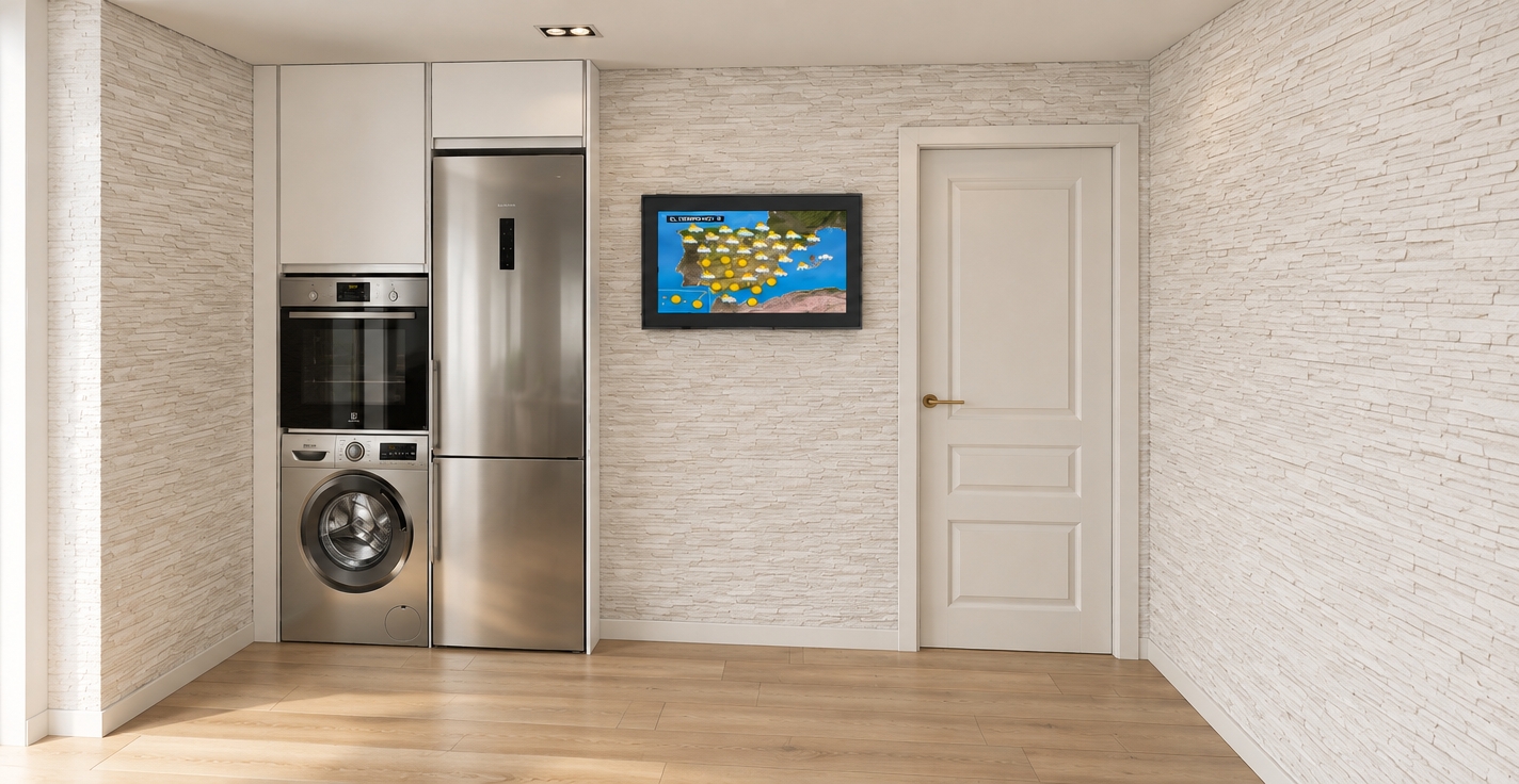 An incredibly lifelike, richly detailed, photorealistic interior shot of a contemporary minimalist kitchen set in a serene residential home. The scene is illuminated by soft, diffused morning light, creating a clean, airy, and inviting atmosphere. Captured with a 35mm lens, emphasizing the crisp contrast between the brushed stainless steel appliances and the organic, textured white stone-cladding walls.

The composition highlights a sleek, custom-fitted cabinetry unit that integrates a high-end oven and a modern washing machine seamlessly beneath a column of matte-white storage. Beside it, a tall, polished stainless-steel refrigerator stands with a mirror-like finish, reflecting the subtle depth of the room. Centered on the main wall, a slim smart display provides a vibrant splash of color against the elegant, tactile surface of the off-white, relief-textured masonry. To the right, a classic white paneled door with brushed gold hardware adds a touch of traditional refinement, while the light-oak wood flooring grounds the space with its warm, natural grain patterns. The entire perspective is balanced and harmonious, showcasing a perfect marriage of utilitarian functionality and sophisticated, minimalist design.