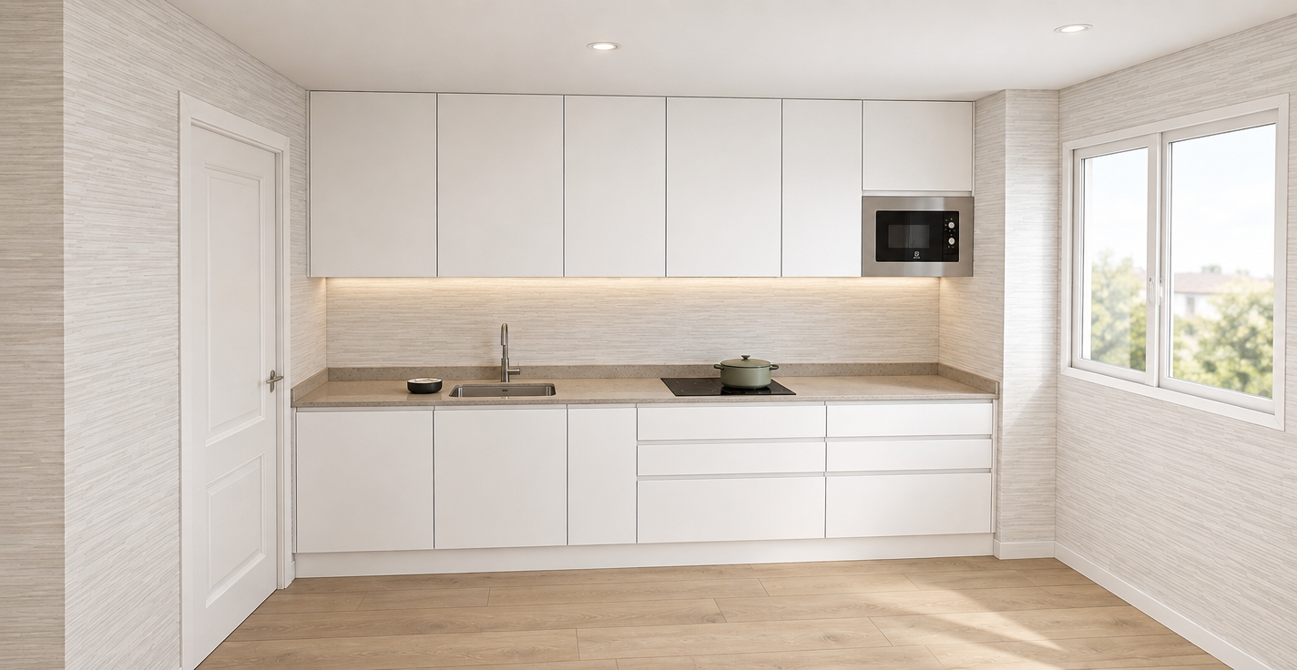 An incredibly lifelike, richly detailed, photorealistic interior perspective of a sleek, minimalist kitchen set in a bright, modern apartment. The scene is illuminated by soft, diffused daylight streaming through the window and supplemented by recessed ceiling spotlights, creating a pristine, airy, and serene atmosphere. Captured with a wide-angle lens, emphasizing the crisp contrast between the matte white cabinetry and the subtle, tactile texture of the white-washed horizontal-patterned wall cladding.

The kitchen features seamless, handleless white upper and lower cabinets that offer a clean, clutter-free aesthetic. A warm, greige stone countertop provides a sophisticated foundation for the stainless steel undermount sink and contemporary induction cooktop. To the right, a built-in microwave is integrated flush into the upper cabinetry, maintaining the room's streamlined profile. The flooring is composed of light, wide-plank oak with a natural wood grain that grounds the space, while a classic white paneled door to the left adds a subtle, timeless architectural detail. The composition is perfectly balanced, offering a tranquil and functional space where every element feels intentional and impeccably finished.