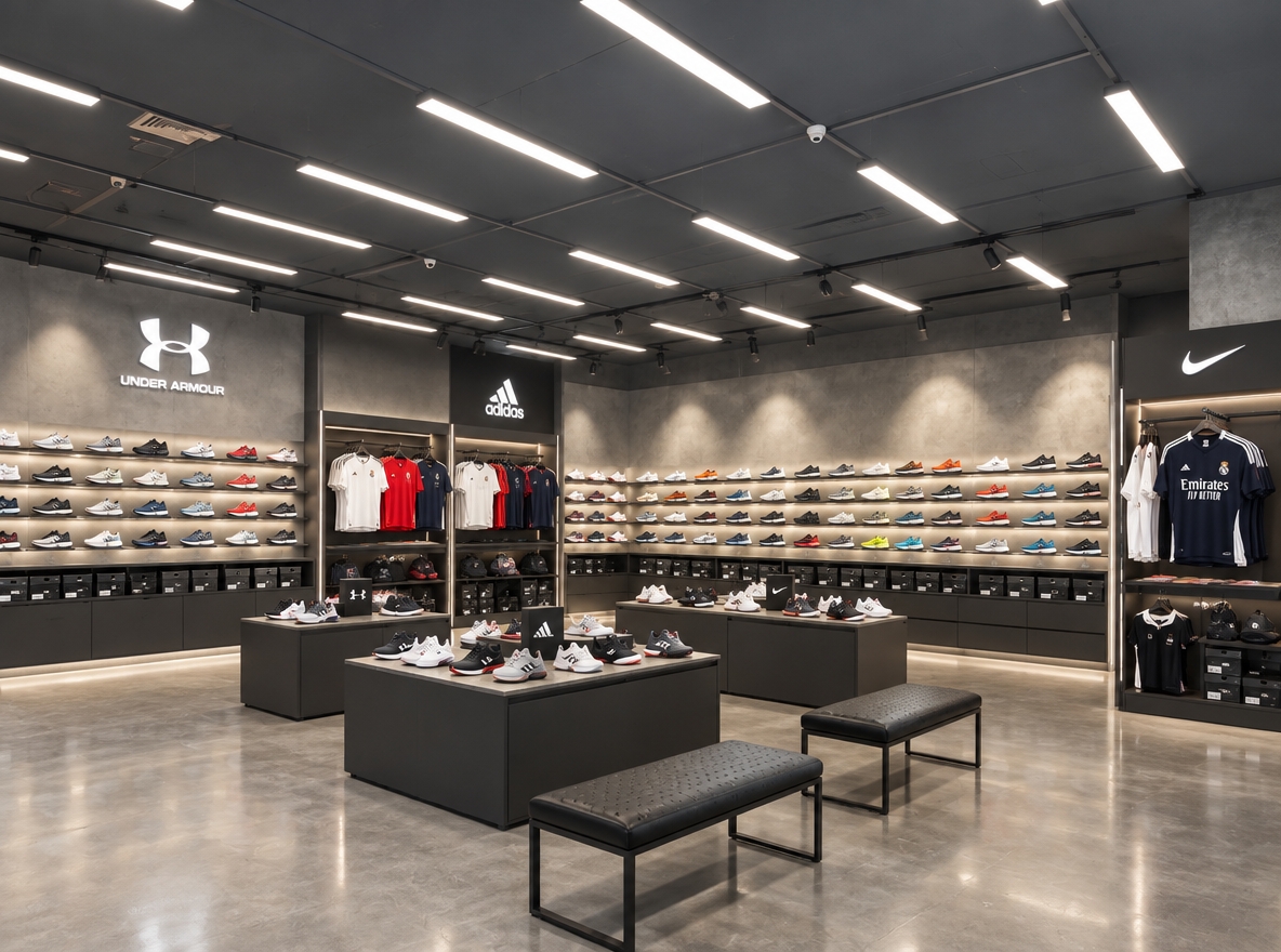 An incredibly lifelike, richly detailed, photorealistic wide-angle interior perspective shot of a reimagined, high-end sports retail showroom set in a contemporary urban flagship commercial space. The scene is illuminated by crisp, recessed architectural linear LED grid fixtures and integrated under-shelf ambient lighting, creating an energetic yet calm, sophisticated "digital zen" atmosphere. Captured with a full-frame mirrorless camera paired with a 24mm architectural tilt-shift lens at f/8, emphasizing the seamless tactile microcement wall finishes, the soft sheen of light bouncing across polished concrete floors, and precise geometric lines throughout the space. 

Transforming the cluttered, box-heavy environment into a curated athletic boutique, the perimeter is anchored by streamlined, matte floating wall shelves displaying athletic footwear with gallery-like precision. Beneath the floating displays, custom flush-faced base cabinetry in brushed charcoal seamlessly integrates inventory storage, keeping shoe boxes concealed yet ergonomically accessible. Dedicated apparel niches punctuate the walls with minimalist matte black steel racks displaying premium soccer jerseys, each section highlighted by refined, edge-lit minimalist branding for Adidas and Under Armour. The vibrant green and chaotic stacking are replaced by an elegant palette of monochromatic greys, warm off-whites, and deep obsidian accents. Centered comfortably between widened, uncluttered circulation pathways, sleek, low-profile trial benches upholstered in durable black perforated leather invite customers to sit, establishing a balanced, human-scaled environment of pure functional luxury.