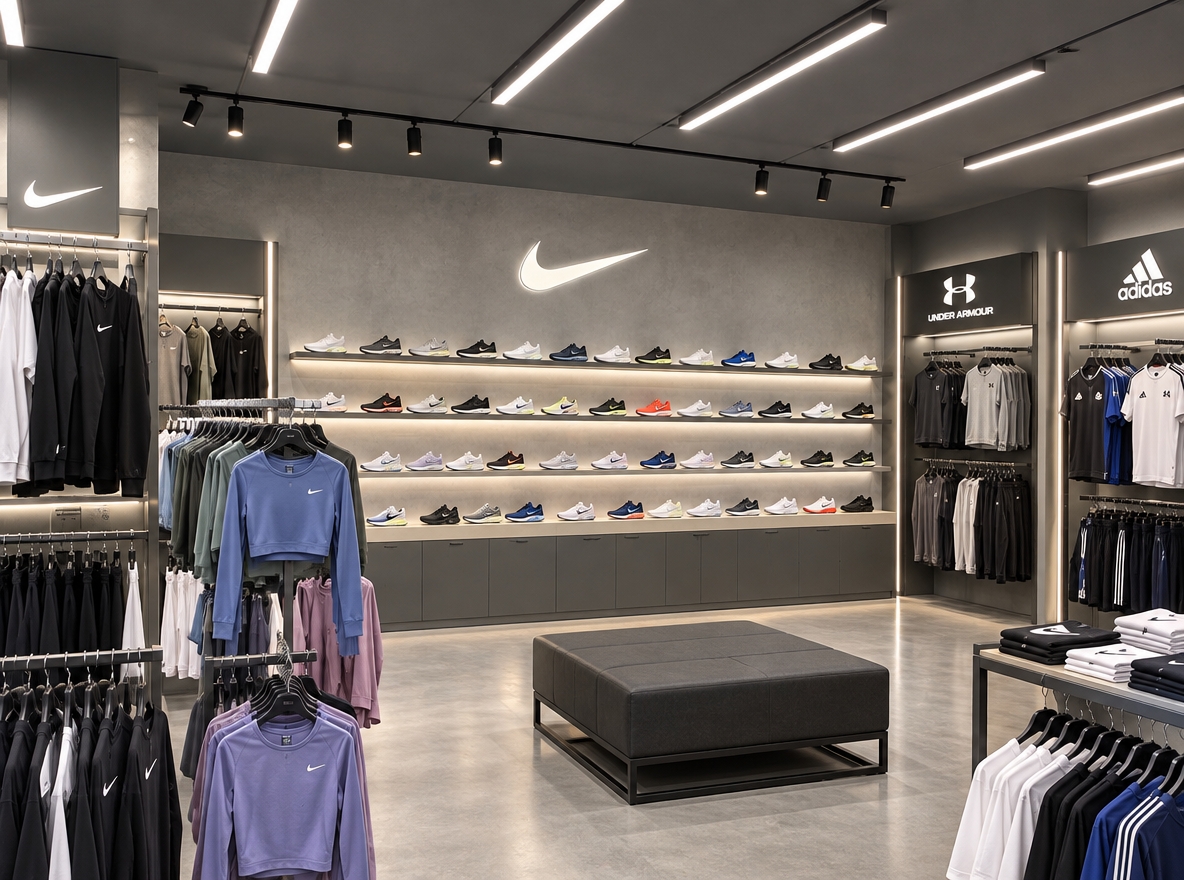 An incredibly lifelike, richly detailed, photorealistic wide-angle interior shot of a sophisticated, premium athletic footwear and apparel concept store set in a modern urban retail space. The scene is illuminated by a crisp, architectural linear LED grid ceiling system and soft, integrated warm LED backlighting beneath floating display shelves, creating a vibrant, inviting, and impeccably clean atmosphere. Captured with a high-end full-frame camera and an ultra-sharp 24mm architectural lens, emphasizing the seamless polished concrete floors, refined microcement textures in tonal shades of soft grey and off-white, and precisely aligned sports gear. Retaining the eye-level vantage point of the original boutique, the chaotic stacks of inventory are completely reimagined into a sleek, industrial-chic sanctuary: the expansive rear feature wall showcases streamlined, floating matte-metal ledges presenting curated performance sneakers at eye level, while the clutter of shoe boxes is neatly tucked into customized, flush base cabinetry with minimalist push-latches below. To the left and right, bespoke architectural niches feature integrated vertical brushed-steel hanging racks displaying high-performance athletic shirts, workout tops, and jerseys, organized under backlit, debossed brand markers for Nike, Under Armour, and Adidas. In the center, a sculptural, charcoal-upholstered try-on bench provides functional luxury, perfectly harmonizing with the clutter-free floor space, balanced visual rhythm, and refined, digital-zen retail ambiance.
