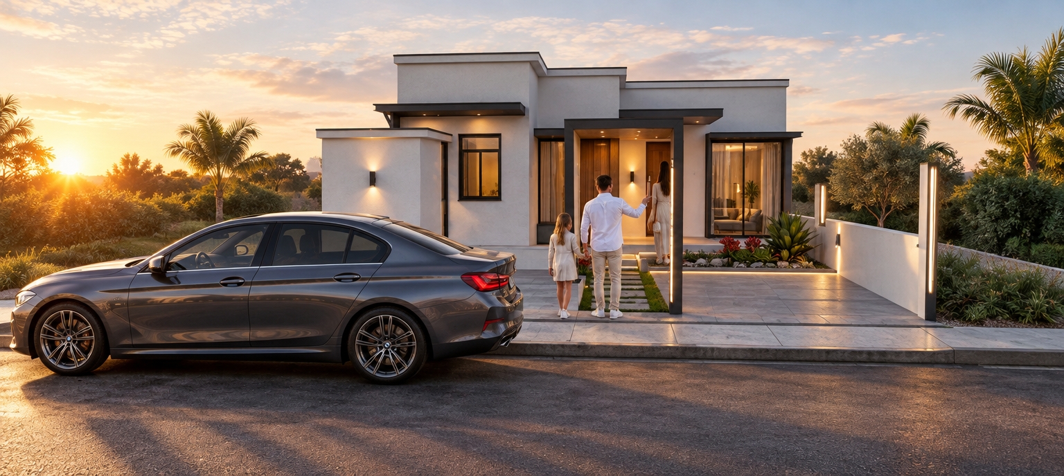An incredibly lifelike, richly detailed, photorealistic eye-level architectural shot of a modern minimalist residence set in a serene, sun-drenched neighborhood. The scene is illuminated by the soft, golden hues of a summer sunrise, creating a warm and inviting "techno-wonderland" atmosphere where smart lighting meets natural beauty. Captured with a 35mm lens, the image emphasizes the crisp, matte-white stucco finish of the home, contrasted by high-end dark aluminum window frames and a polished, gray-stone paved driveway. A sleek, contemporary sedan sits parked in the foreground, catching the early morning light, while a family walks toward the entrance, framed by a minimalist cantilevered porch structure. 

The landscaping features hyper-realistic succulent beds and vibrant green lawn strips embedded in the stone pavers, softened by the warm glow of concealed LED strip lights running along the walkway and soft, ambient wall-mounted sconces that punctuate the exterior facade. Through the expansive, floor-to-ceiling glass panes, a glimpse of the meticulously curated, high-tech living room reveals a glimpse of minimalist interior design. The perspective draws the eye naturally from the clean lines of the suburban roadway into the welcoming threshold of the home, with the crisp morning light casting long, gentle shadows that highlight the textures of the masonry and the lush, curated greenery of the surrounding environment.