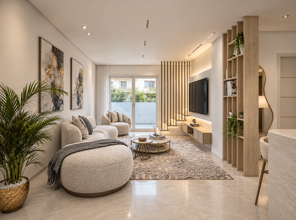 A professional interior photograph of this modern living room, captured on a full-frame architectural camera with a 24mm tilt-shift lens, perfectly preserving the exact layout, geometry, and materials. Diffuse, soft daylight enters through the exterior glass doors, harmoniously balancing with neutral 4000K recessed ceiling spots and the soft indirect glow of concealed warm-neutral LED cove lighting beneath the floating console and stair treads. Surfaces display realistic physical fidelity, from the tactile weave of the bouclé upholstery and wool rug to the subtle natural grain of the vertical oak partition and fine reflections across the large-format porcelain floor tiles. The scene features deep contact shadows, physically accurate ambient occlusion, crisp leaf textures on the potted palm, and balanced exposure, finished with subtle photographic optical characteristics including faint lens vignetting and clean dynamic range.