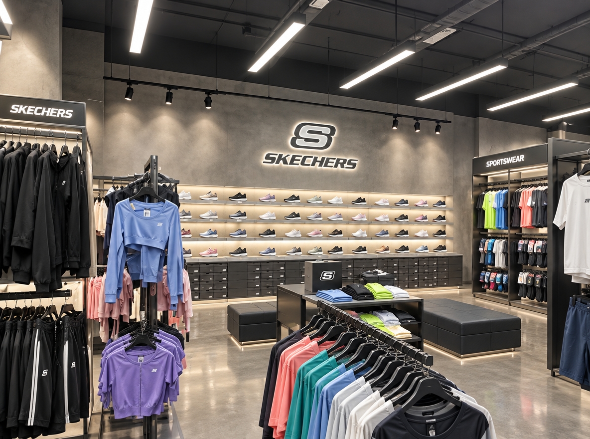 An incredibly lifelike, richly detailed, photorealistic wide-angle interior photograph of an elevated, modern sports retail showroom set in a sleek urban commercial flagship environment. The scene is illuminated by recessed, flush linear LED overhead fixtures and focused warm-white accent track lighting directed precisely onto the merchandise, creating an airy, sophisticated, and dynamic retail atmosphere. Captured with a high-resolution architectural camera and a 24mm tilt-shift lens, emphasizing the velvety matte texture of pale grey microcement walls, the seamless reflection of polished concrete flooring, and the crisp geometry of modern fixtures. Retaining the spacious perspective of the original layout, the transformed interior embraces an industrial-chic digital-zen aesthetic with smooth graphite and off-white microcement surfaces paired with an exposed yet tidy industrial ceiling. The back perimeter features streamlined, backlit floating steel shelves dedicated to displaying neatly spaced performance footwear, resting above bespoke flush base cabinetry that conceals shoe boxes behind minimalist soft-close drawers for an uncluttered look. Across the sales floor, freestanding matte-black and brushed-aluminum display islands and minimalist vertical garment racks showcase curated color-graded athletic apparel, accompanied by discreet, backlit brushed-metal Skechers branding elegantly set into the architectural walls. Low-profile try-on benches wrapped in textured dark charcoal upholstery offer refined functional comfort, establishing an impeccably organized, balanced, and luxurious shopping experience where every element is intentional and harmoniously integrated.