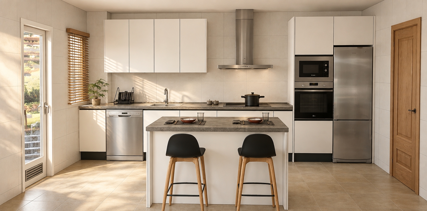 An incredibly lifelike, richly detailed, photorealistic interior shot of a minimalist kitchen set in a serene, Japanese Zen-inspired home. The scene is illuminated by soft, natural light diffusing through sleek wooden blinds, creating a tranquil, airy atmosphere. Captured with a 35mm wide-angle lens, emphasizing the matte textures of the stone-grey island countertop and the crisp, clean lines of the white cabinetry. The composition highlights the balanced harmony between the modern stainless steel appliances and the warm, earthy tones of the large-format floor tiles. Subtle Zen elements, such as a delicate potted plant by the window, breathe life into the space, while the natural wood grain of the door adds an organic touch, grounding the kitchen in a peaceful, meditative aesthetic.