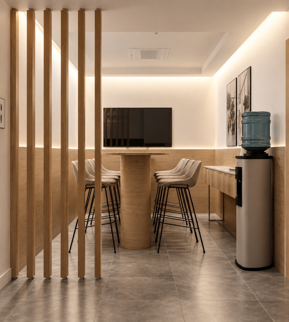 An incredibly lifelike, richly detailed, photorealistic interior shot of a serene, modern office nook set in a minimalist haven. The scene is illuminated by soft, diffused cove lighting that washes the walls in a warm glow, creating a tranquil and uncluttered atmosphere. Captured with a 35mm lens, the perspective emphasizes the rhythmic verticality of the natural oak-finish timber slats that define the space, pairing elegantly with the streamlined, high-top central bar table.

The aesthetic is a study in refined simplicity, featuring a monochromatic palette of muted grays and sandy neutrals that anchor the space. Sleek, ergonomic bar stools with slender metal frames are perfectly aligned, offering a functional yet sophisticated seating arrangement. A minimalist water station sits discreetly to the side, while subtle, abstract wall art adds a touch of gallery-style elegance without overwhelming the clean lines. The cool gray stone-tiled floor provides a grounding contrast to the warmth of the wood accents, resulting in a perfectly balanced, zen-inspired environment where every surface remains pristine and free of visual noise.