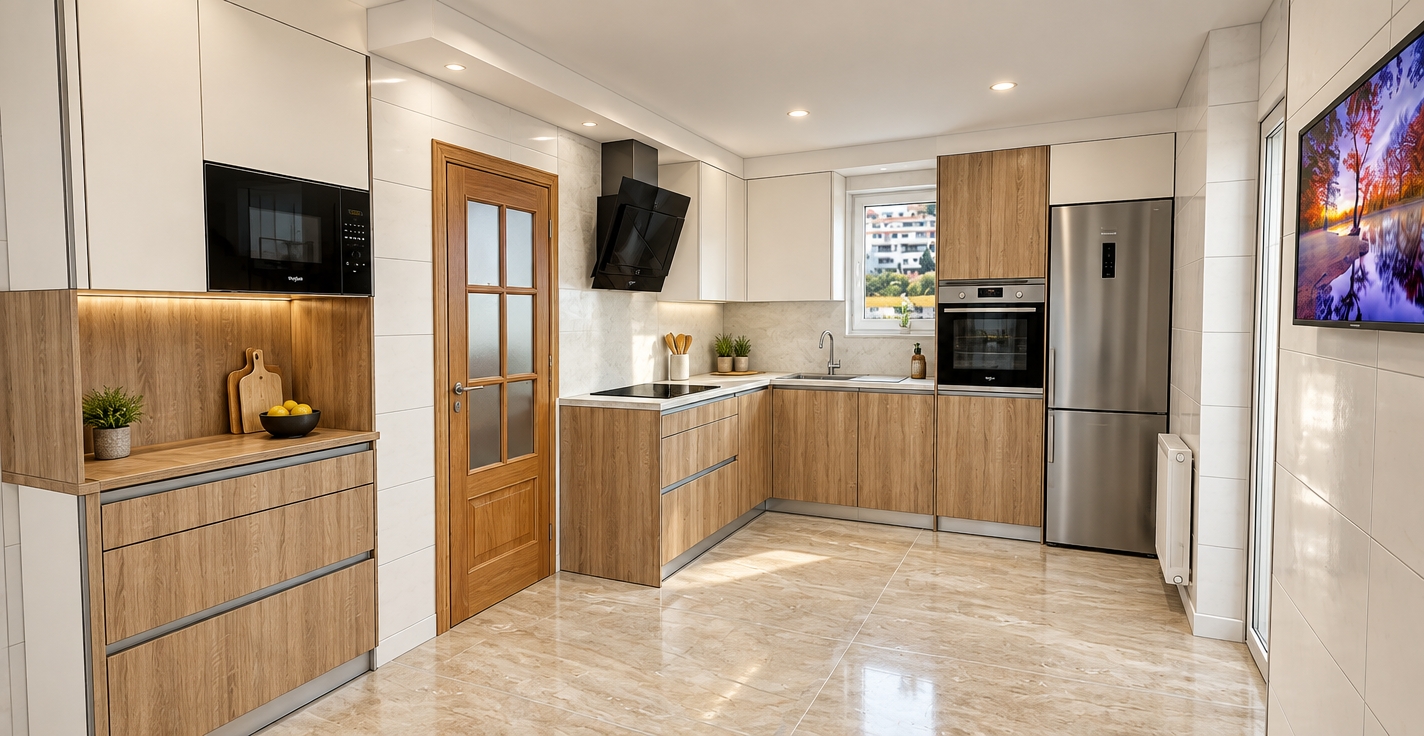 A sharp, realistic architectural photograph capturing this exact kitchen layout and composition, emphasizing authentic material textures and balanced interior lighting. The scene features tactile natural oak wood grain on the lower cabinetry, smooth matte white upper cabinets, large white ceramic wall tiles with defined grout lines, and glossy beige stone floor tiles with subtle veining. Natural daylight filters softly through the small window, mingling with gentle ambient light to create soft contact shadows and realistic reflections across the stainless steel refrigerator, black glass range hood, and built-in appliances. Captured on a wide-angle tilt-shift lens with crisp edge-to-edge sharpness, accurate color rendition, and fine photographic sensor grain.