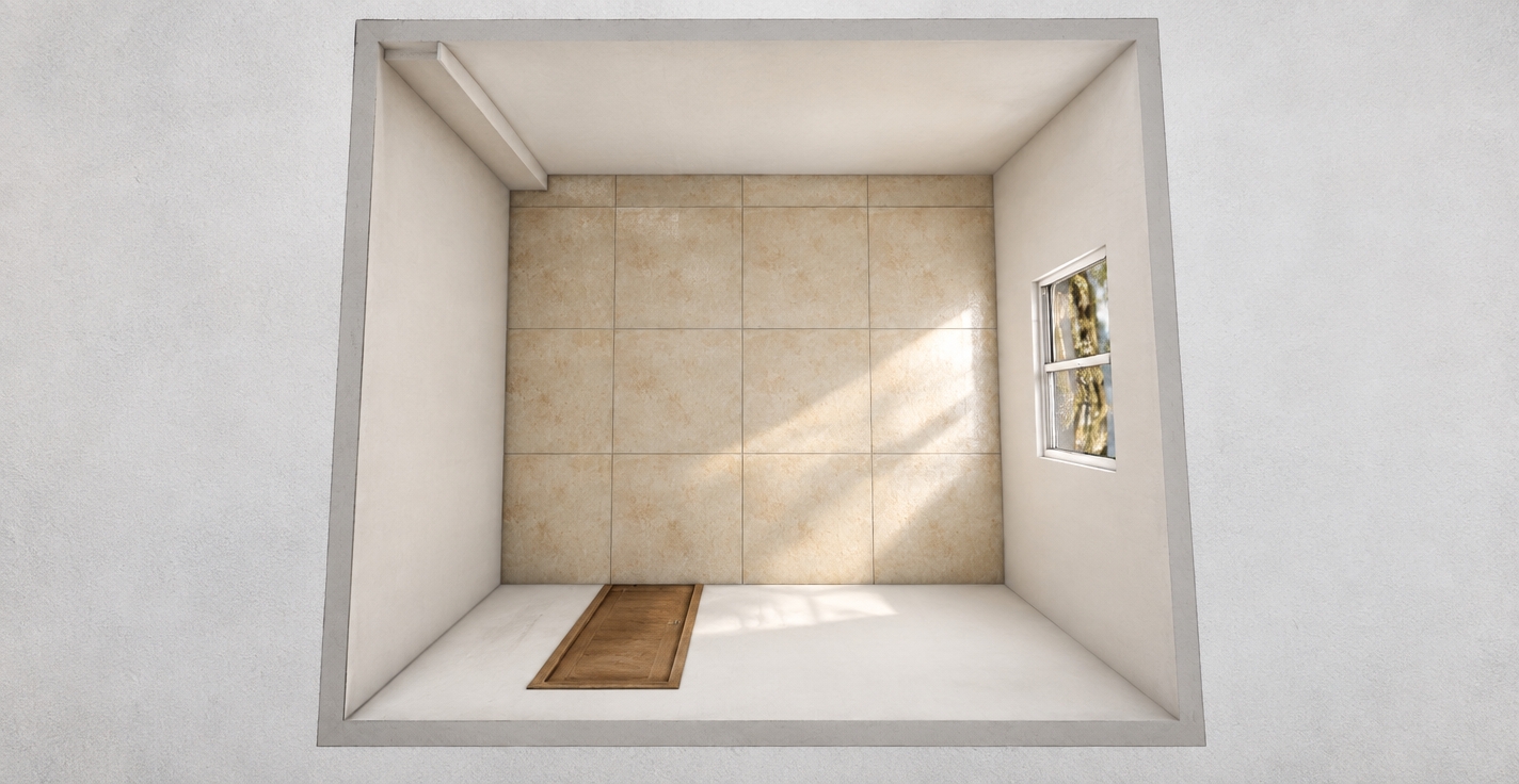 A high-angle architectural photograph capturing the exact room layout from above, illuminated by soft natural daylight streaming through the window on the right wall. The beige square floor tiles feature realistic ceramic reflections, organic surface mottling, and crisp grout lines, while the plain perimeter walls display a fine matte plaster texture with delicate contact shadows in the corners. The wooden door reveals authentic grain textures, perfectly preserving the exact geometry, perspective, and materials with clean, balanced, and photorealistic lighting throughout.