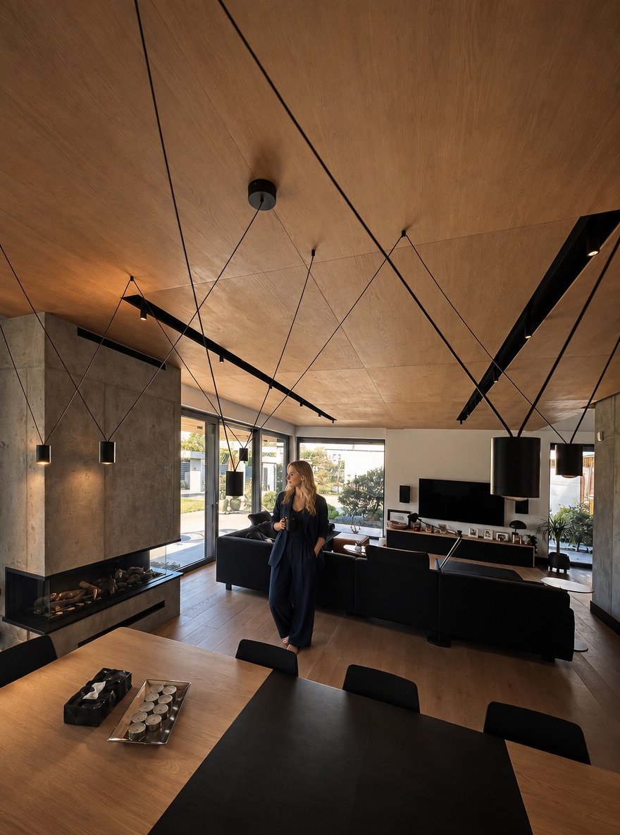 HYPER-REALISTIC ARCHITECTURAL INTERIOR PHOTOGRAPHY — ABSOLUTE REFERENCE PRESERVATION Transform this reference image into an ultra-realistic, high-end architectural lifestyle photograph while preserving absolutely everything visible in the original image. Use the reference image as the exact visual source of truth. The transformation is primarily about photographic realism, material realism, surface texture, lighting, atmosphere, depth, natural imperfections, and realistic human integration. The existing interior design, architecture, finishes, materials, furniture, objects, proportions, perspective and composition must remain unchanged. Do not redesign the interior. Do not reinterpret the interior. Do not replace existing materials. Do not change existing finishes. Do not change the existing colour palette. Do not change the architectural design. Do not change the furniture arrangement. Do not change the composition. The final image must look like the exact same interior photographed professionally with a high-end full-frame camera, with dramatically improved photographic realism and material quality. ================================================== ABSOLUTE PRESERVATION — HIGHEST PRIORITY ================================================== Preserve exactly: - existing architecture - room geometry - proportions - dimensions - walls - ceiling - floor - kitchen island - cabinetry - cabinet layout - tall units - wall panels - backsplash - countertops - appliances - sink - faucet - lighting fixtures - furniture - lounge chair - curtains - decorative objects - accessories - windows - glazing - doors - openings - existing materials - existing colours - existing finishes - object placement - spatial relationships - camera position - camera height - focal-length appearance - perspective - viewing direction - framing - crop - composition - visual hierarchy Do not add architectural elements. Do not remove architectural elements. Do not relocate anything. Do not resize anything. Do not simplify anything. Do not reconstruct anything. Do not modernize anything. Do not make the interior more luxurious by changing its design. Do not make the interior more minimal. Do not change the existing material palette. Do not change the existing colour palette. The original interior design must remain completely intact. ================================================== PRIMARY TRANSFORMATION ================================================== The only intended transformation is: 1. dramatically improve photographic realism 2. improve existing material texture quality 3. improve surface micro-detail 4. improve physically accurate light–material interaction 5. improve realistic reflections 6. improve realistic shadows 7. improve natural depth and tonal transitions 8. improve photographic atmosphere 9. naturally integrate the woman into the existing interior The final image must remain visually identical to the original reference in architecture, design, materials, furniture, objects, spatial relationships, camera and composition. ================================================== OVERALL MOOD ================================================== Create a dark, moody, low-key architectural photography atmosphere. The interior should feel: - warm - quiet - luxurious - sophisticated - intimate - calm - tactile - contemporary - naturally lived-in - architecturally refined Use restrained cinematic underexposure. The image should feel atmospheric and sophisticated rather than dramatically stylized. Maintain deep blacks and controlled shadows while preserving sufficient material information in darker areas. The mood must come from: - realistic exposure - warm artificial light - soft natural daylight - realistic material response - subtle shadow depth - controlled highlights - natural tonal transitions No excessive cinematic stylization. No exaggerated contrast. No crushed shadow detail. No artificial HDR. No excessive bloom. No artificial colour grading. ================================================== LIGHTING — CRITICAL PRIORITY ================================================== Physically accurate architectural photography lighting. Use deliberate cinematic underexposure while maintaining realistic exposure relationships between the interior, woman, furniture, walls, floor, cabinetry, kitchen island, ceiling, and all architectural elements. Warm artificial lighting approximately 2700–3000K remains restrained, soft, directional, and realistic. The warm artificial light should gently graze the existing warm natural wood surfaces and architectural elements, revealing their authentic natural grain, fine pores, subtle surface imperfections, micro-texture, and material depth primarily through controlled highlights and soft shadow transitions. Do NOT turn the existing wood into walnut. Do NOT darken the existing wood. Do NOT make the wood orange. Do NOT make the wood reddish. Do NOT change the existing wood colour. The warm light may create subtle warm tonal influence on the existing wood, but the underlying material and colour must remain faithful to the reference. Natural sunlight remains present and readable. Soft natural daylight enters the space naturally through the existing glazing and interacts with: - the dark floor - kitchen island - existing natural wood cabinetry - original wall surfaces - black architectural elements - countertop - furniture - curtains - decorative objects - the woman Natural daylight should create: - soft realistic highlights - subtle reflections - realistic shadow transitions - believable colour transitions - natural light falloff - physically accurate ambient illumination Maintain realistic exposure relationships between the brighter window area and the darker interior. The window area may remain naturally brighter than the interior, but it should retain believable photographic detail and must not appear artificially blown out. Use realistic: - indirect illumination - global illumination - bounce light - ambient occlusion - contact shadows - cast shadows - reflected light - natural colour bounce - realistic light falloff - physically accurate shadow density The woman must receive exactly the same lighting conditions as the surrounding architecture. Her skin, hair and navy clothing must respond naturally to the same warm artificial light and natural daylight. The woman must NOT appear separately illuminated. No beauty lighting. No studio lighting. No spotlight on the woman. No artificial rim light. No dramatic backlight added specifically for the woman. No artificial glow. No theatrical lighting. No visible light beams. No excessive volumetric light. No excessive bloom. No lens flare. No stylized lighting effects. The final lighting must look as though the entire scene — architecture, furniture, materials and woman — was photographed simultaneously inside the real interior. ================================================== EXISTING WOOD — PRESERVE EXACTLY ================================================== Preserve the existing warm natural wood cabinetry and wall elements exactly as shown in the reference. The existing wood colour must remain unchanged. Do NOT transform it into: - dark walnut - black wood - orange wood - reddish wood - yellow oak - grey wood - artificially stained wood Do not change the apparent species or visual identity of the existing wood. Only improve the realism and texture quality. The existing wood should look like authentic high-end natural architectural veneer photographed in real life. Create extremely realistic: - fine natural grain - subtle longitudinal grain direction - delicate pore structure - microscopic tonal variation - natural growth variation - subtle differences between veneer sheets - realistic veneer transitions - subtle surface irregularities - extremely fine tactile texture - realistic edge definition - natural light absorption - physically accurate reflectivity - subtle dimensional depth The grain should remain relatively calm, elegant and architectural. Avoid exaggerated rustic grain. Avoid dramatic knots. Avoid excessive contrast in the grain. Avoid repetitive patterns. Avoid cloned grain. Avoid procedural texture. Avoid perfectly uniform surfaces. Avoid excessive sharpening. The wood should look more realistic, not different. ================================================== WOOD SURFACE FINISH ================================================== Preserve the existing matte-to-satin appearance. Use subtle, physically accurate reflectivity. The surface should contain: - soft diffuse reflection - extremely subtle highlights - realistic micro-roughness - visible but restrained grain - natural pore structure - slight imperfections - realistic material depth The wood must never appear: - plastic - laminated - artificially glossy - artificially dark - synthetic - flat - CGI-generated ================================================== WALLS — ORIGINAL FINISH PRESERVED ================================================== Preserve the existing wall finish exactly as shown in the reference. Do NOT replace the walls with: - walnut - wood - concrete - stone - marble - decorative plaster - microcement - architectural panels - another material Do NOT change their colour. Do NOT change their geometry. Do NOT add cladding. Do NOT remove wall surfaces. Only improve their texture and photographic realism. The original wall surface should gain subtle: - micro-texture - natural surface irregularities - very fine tonal variation - realistic diffuse response - subtle pores - natural imperfections - believable material depth - realistic interaction with light The texture must remain subtle. It should be visible primarily through realistic light grazing across the surface rather than exaggerated artificial detail. The walls must still look exactly like the original walls. ================================================== CEILING — ORIGINAL FINISH PRESERVED ================================================== Preserve the existing ceiling exactly. Do not change: - colour - geometry - height - surface finish - lighting positions Improve only photographic realism. Create subtle natural tonal variation and realistic light falloff. No artificial texture. No decorative redesign. ================================================== BLACK ELEMENTS ================================================== Preserve all existing black elements exactly. This includes: - black cabinetry - black island - black backsplash - black vertical architectural elements - black curtains - black metal details - black frames - dark floor Do not change their colour. Do not lighten them. Do not replace them. Improve only their physical realism. Black surfaces should retain deep rich blacks while preserving subtle material information. Create realistic: - micro-roughness - soft reflections - subtle tonal variation - natural specular response - fine surface imperfections - realistic light absorption No artificial glossy black. No plastic black. No crushed black detail. No CGI appearance. ================================================== FLOOR — ORIGINAL DARK FINISH PRESERVED ================================================== Keep the existing dark floor exactly as shown in the reference. Do NOT replace it with concrete. Do NOT make it light grey. Do NOT change its colour. Do NOT change its geometry. Do NOT introduce new joints. Only improve its realism. Add extremely subtle: - natural micro-texture - fine surface variation - realistic diffuse reflection - subtle sheen - natural imperfections - physically accurate light reflection - realistic contact shadows The floor must remain dark, elegant and understated. No wet appearance. No mirror-like reflection. No excessive gloss. No plastic appearance. No artificial uniformity. ================================================== COUNTERTOPS ================================================== Preserve the existing countertop exactly. Maintain: - colour - geometry - thickness - edge profile - surface character - spatial position Improve only its physical realism. Create subtle: - mineral variation - micro-texture - realistic roughness - natural tonal variation - physically accurate reflection No material replacement. No colour change. ================================================== BLACK BACKSPLASH ================================================== Preserve the existing black backsplash exactly. Improve only: - surface depth - subtle micro-texture - realistic reflection - micro-roughness - light interaction - tonal variation Keep it dark, sophisticated and understated. No mirror effect. No excessive gloss. ================================================== METAL ELEMENTS ================================================== Preserve all existing metal fixtures and hardware exactly. This includes: - faucet - handles - lighting details - metal frames - other visible metal components Maintain their existing colour and finish. Improve: - realistic metal reflectivity - subtle imperfections - physically correct highlights - realistic edge reflections - natural interaction with surrounding light No exaggerated chrome. No excessive sharp reflections. ================================================== GLASS AND WINDOWS ================================================== Preserve the existing glazing and window frames exactly. Glass should remain physically realistic with: - subtle transparency - realistic reflections - slight atmospheric variation - natural exterior light - physically accurate refraction Do not alter the window dimensions. Do not redesign the glazing. Do not change the exterior architecture visible through the glass. ================================================== CURTAINS AND TEXTILES ================================================== Preserve the existing curtains and textiles exactly. Improve their realism through: - authentic textile structure - subtle individual fibre detail - natural folds - gravity-driven draping - realistic compression - realistic light absorption - natural shadow behaviour No artificial smoothing. No synthetic appearance. ================================================== MATERIAL REALISM ================================================== All materials must exhibit physically accurate behaviour under the existing lighting. Every surface should contain subtle real-world micro-imperfections appropriate to its material. Upholstered fabrics should show: - realistic textile density - subtle individual fibres - soft light absorption - natural creasing - subtle compression - realistic shadow behaviour Stone and mineral surfaces should feel: - heavy - tactile - dense - physically real - subtly porous - naturally varied Glass should remain: - physically transparent - subtly reflective - naturally refractive Metal should remain: - subdued - physically reflective - controlled in its highlights Wood should remain: - natural - warm - tactile - subtly textured - physically dimensional No material should appear excessively glossy or artificially perfect. ================================================== WOMAN — SAME WOMAN AS PREVIOUSLY CREATED ================================================== Add the SAME blonde woman from the previously created reference. She must visually correspond to the exact same woman previously generated. Do NOT generate a different woman. Do NOT create a generic blonde model. Preserve the same: - blonde hair character - hairstyle - facial proportions - facial character - natural expression - body type - body proportions - feminine silhouette - age appearance - overall appearance - relaxed personality - photographic quality She should look like the exact same real woman photographed during the same professional architectural photoshoot. ================================================== WOMAN — NATURAL APPEARANCE ================================================== Naturally beautiful adult blonde woman. Long, loose, softly wavy blonde hair. Warm natural blonde colour with subtle darker blonde roots and realistic tonal variation. Individual hair strands must be visible. Hair should contain: - natural flyaway strands - realistic density - believable volume - subtle irregularities - natural highlights - realistic interaction with ambient light Facial features should be refined but completely natural. Preserve subtle natural facial asymmetry. Skin should contain: - realistic pores - tiny imperfections - subtle tonal variation - believable translucency - physically accurate subsurface scattering - natural highlights - realistic shadow transitions No plastic skin. No airbrushed skin. No artificial beauty filter. No excessive smoothing. No mannequin appearance. No generic AI face. No excessive beauty retouching. ================================================== OUTFIT — SAME DESIGN, DEEP NAVY BLUE ================================================== The woman wears the SAME relaxed two-piece outfit from the original prompt, but the colour is changed to sophisticated deep navy blue. The outfit consists of: - relaxed oversized beige-style tailored blazer silhouette - matching very wide-leg full-length trousers - flowing wide trouser silhouette - relaxed contemporary tailoring - understated luxury aesthetic - premium linen-look textile - matte tactile surface The design, cut, proportions and silhouette must remain the same. Only the colour changes. The outfit colour must be: - deep navy blue - rich dark navy - sophisticated - slightly desaturated - elegant - architectural The navy must remain visibly navy rather than becoming black. Avoid: - bright blue - royal blue - electric blue - cyan - turquoise - purple-blue - overly saturated blue The navy fabric should respond naturally to the warm interior lighting. Warm light may create extremely subtle warm tonal influence on the fabric while the garment remains clearly deep navy. ================================================== CLOTHING REALISM ================================================== The navy outfit must look like genuine premium linen or very high-quality linen-look fabric. Include: - authentic fibre structure - subtle weave visibility - natural weave irregularities - realistic textile density - natural wrinkles - soft creasing - realistic compression - gravity-driven folds - slight irregularity - natural tension around elbows - realistic folds around waist - realistic folds around hips - natural draping around legs - matte light absorption - subtle highlights only where fabric catches light The trousers must remain VERY WIDE, flowing and full-length. The trouser legs should naturally fall toward the floor with realistic weight and gravity. The blazer should remain relaxed and slightly oversized. No synthetic appearance. No plastic texture. No glossy fabric. No excessive stiffness. No fashion illustration. No different outfit. No dress. No skirt. No jeans. No narrow trousers. No leggings. No bright colours. No logos. No unnecessary accessories. ================================================== BAREFOOT ================================================== The woman is barefoot. Her feet must be: - anatomically correct - naturally positioned - correctly proportioned - physically grounded - realistic in scale Use subtle physically accurate contact shadows. No floating feet. No distorted toes. No anatomical errors. ================================================== POSE ================================================== The woman stands naturally and calmly within the existing interior. Her posture is: - relaxed - subtle - elegant - believable - spontaneous Avoid a fashion-model pose. Avoid exaggerated body language. Avoid dramatic gestures. Use natural weight distribution. Relaxed shoulders. Subtle asymmetry. Natural arms and hands. Natural posture. She should look as though she is naturally inhabiting the kitchen during an architectural photoshoot. She should NOT appear to be intentionally posing for the camera. ================================================== HUMAN SCALE ================================================== Maintain physically correct human scale relative to: - kitchen island - cabinetry - countertop - doors - walls - floor - furniture - architectural openings - ceiling height - surrounding objects The woman must be correctly integrated into the spatial perspective. No oversized body. No undersized body. No distorted proportions. ================================================== HYPER-REALISTIC HUMAN DETAIL ================================================== The woman must look completely real. Skin: - realistic pores - subtle fine lines - natural imperfections - realistic tonal variation - believable translucency - soft subsurface scattering - natural highlights - realistic shadow transitions Hair: - individual strands - natural flyaway hairs - realistic density - physically believable volume - subtle tonal variation - natural highlights - realistic interaction with ambient light Hands: - anatomically correct hands - realistic fingers - correct finger proportions - natural joints - subtle skin folds - realistic nails Feet: - anatomically correct - realistic toes - realistic skin texture - natural weight distribution - accurate contact with floor ================================================== INTEGRATION WITH ARCHITECTURE ================================================== The woman must be physically integrated into the existing interior. She must receive exactly the same lighting conditions as the surrounding architecture. Her skin, hair and clothing must respond naturally to the same warm artificial light and natural daylight. Use physically accurate: - indirect illumination - reflected light - colour bounce - ambient occlusion - contact shadows - cast shadows - light falloff - exposure - depth - atmospheric interaction The existing warm natural wood should subtly influence the light falling onto her clothing and skin where physically appropriate. The dark floor should create subtle, physically accurate reflected ambient light. Her navy clothing should absorb and reflect light naturally according to its textile properties. Her presence must feel as if she was physically standing in the interior during the original architectural photoshoot. No cutout appearance. No pasted-on appearance. No halo. No edge artefacts. No mismatched sharpness. No mismatched colour temperature. No mismatched exposure. No artificial compositing. No artificial spotlight. ================================================== CAMERA AND COMPOSITION ================================================== The camera remains COMPLETELY LOCKED. Preserve exactly: - camera position - camera height - focal length - perspective - viewing direction - framing - crop - composition - architectural proportions - spatial relationships Do not move the camera. Do not zoom. Do not crop. Do not change the lens. Do not create another angle. Do not introduce another shot. Do not alter the perspective. The woman must be inserted into the existing composition without changing the framing. ================================================== DEPTH OF FIELD ================================================== Use natural full-frame architectural photography depth of field. Maintain realistic focus relationships between architecture and woman. No artificial excessive background blur. No cinematic fake bokeh. No exaggerated shallow depth of field. The image must retain sufficient architectural detail throughout the scene. ================================================== PHOTOGRAPHIC MICRO-DETAIL ================================================== Extremely realistic micro-contrast and organic sharpness. Natural full-frame camera rendering. Subtle optical characteristics of a professional architectural lens. Natural tonal roll-off. Realistic highlight behaviour. Realistic shadow transitions. Subtle film grain. No oversharpening. No excessive clarity. No HDR appearance. No artificial micro-contrast. No digital noise. ================================================== PHOTOGRAPHIC REALISM ================================================== The final image must look like a genuine high-end architectural photograph captured with a professional full-frame camera. It must NOT look like: - CGI - 3D render - computer-generated visualization - digital illustration - AI-generated interior - stylized image Use: - organic photographic sharpness - realistic micro-contrast - natural tonal roll-off - realistic highlights - realistic shadows - physically accurate reflections - natural material response - subtle optical characteristics - subtle film grain - authentic colour response No artificial perfection. ================================================== FINAL IMAGE QUALITY ================================================== Extreme detail. Hyper-realistic material definition. Organic photographic sharpness. Physically accurate light–material interaction. Natural human realism. Realistic architectural scale. Realistic reflections. Realistic shadows. Realistic textures. Realistic colour grading. Deep blacks. Controlled highlights. Natural tonal roll-off. Subtle film grain. Sophisticated editorial photography aesthetic. The final image must be completely indistinguishable from a real high-end architectural photograph captured on a professional full-frame camera. The architecture must remain exactly as in the reference. The materials must remain exactly as in the reference. The colours of the interior must remain exactly as in the reference. The camera must remain exactly as in the reference. The composition must remain exactly as in the reference. The woman must look like the SAME blonde woman previously created. She must wear the SAME two-piece outfit design, but in deep navy blue. She must appear completely real, natural, anatomically correct, physically grounded, and perfectly integrated into the architectural photograph. ================================================== FINAL NEGATIVE CONSTRAINTS ================================================== NO CHANGE TO ARCHITECTURE. NO CHANGE TO WALL FINISH. NO CHANGE TO FLOOR FINISH. NO CHANGE TO WOOD COLOUR. NO DARK WALNUT. NO LIGHT CONCRETE. NO MATERIAL REPLACEMENT. NO CHANGE TO CABINETRY. NO CHANGE TO FURNITURE. NO CHANGE TO OBJECT PLACEMENT. NO CHANGE TO LIGHTING DESIGN. NO CHANGE TO CAMERA. NO CHANGE TO PERSPECTIVE. NO CHANGE TO COMPOSITION. NO REDESIGN. NO REARRANGEMENT. NO NEW ARCHITECTURAL ELEMENTS. NO CGI LOOK. NO 3D RENDER LOOK. NO AI-GENERATED LOOK. NO DIGITAL ILLUSTRATION. NO STYLIZATION. NO ARTIFICIAL PERFECTION. NO PLASTIC MATERIALS. NO PLASTIC SKIN. NO FAKE WOOD GRAIN. NO PROCEDURAL TEXTURES. NO CLONED TEXTURES. NO EXCESSIVE WOOD GRAIN. NO EXCESSIVE GLOSS. NO ARTIFICIAL MIRROR REFLECTIONS. NO ARTIFICIAL HDR. NO EXCESSIVE SHARPNESS. NO ARTIFICIAL BOKEH. NO THEATRICAL LIGHTING. NO LIGHT BEAMS. NO LENS FLARE. NO EXCESSIVE BLOOM. NO ARTIFICIAL SPOTLIGHT ON WOMAN. NO BEAUTY LIGHTING. NO FASHION-MODEL POSE. NO CHILDREN. NO ADDITIONAL PEOPLE. NO DIFFERENT WOMAN. NO GENERIC AI FACE. NO BEAUTY FILTER. NO MANNEQUIN APPEARANCE. NO DISTORTED HANDS. NO DISTORTED FEET. NO ANATOMICAL ERRORS. NO FLOATING BODY. NO CUTOUT EFFECT. NO HALO. NO EDGE ARTEFACTS. NO COMPOSITING ARTEFACTS. NO MISMATCHED LIGHTING. NO MISMATCHED EXPOSURE. NO MISMATCHED COLOUR TEMPERATURE. NO MISMATCHED SHARPNESS. ================================================== FINAL DIRECTIVE ================================================== Preserve the exact original kitchen. Preserve the exact original architecture. Preserve the exact original materials. Preserve the exact original wall finish. Preserve the exact original warm natural wood. Preserve the exact original dark floor. Preserve the exact original black elements. Preserve the exact original furniture and objects. Preserve the exact original camera and composition. Improve ONLY photographic realism, material texture, micro-detail, lighting realism, surface depth, reflections, shadows and natural human integration. Maintain the dark, moody, warm, sophisticated luxury atmosphere of the original prompt. Use realistic 2700–3000K warm artificial lighting combined with soft natural daylight. Keep the interior deliberately slightly underexposed while preserving realistic material information. The woman must be the same blonde woman as previously created. She must wear the same wide-leg two-piece outfit design in sophisticated deep navy blue. She must look physically present inside the space, naturally illuminated by the exact same lighting as the architecture. The final result must look like a real professional architectural photograph, not a redesigned interior and not a CGI visualization.