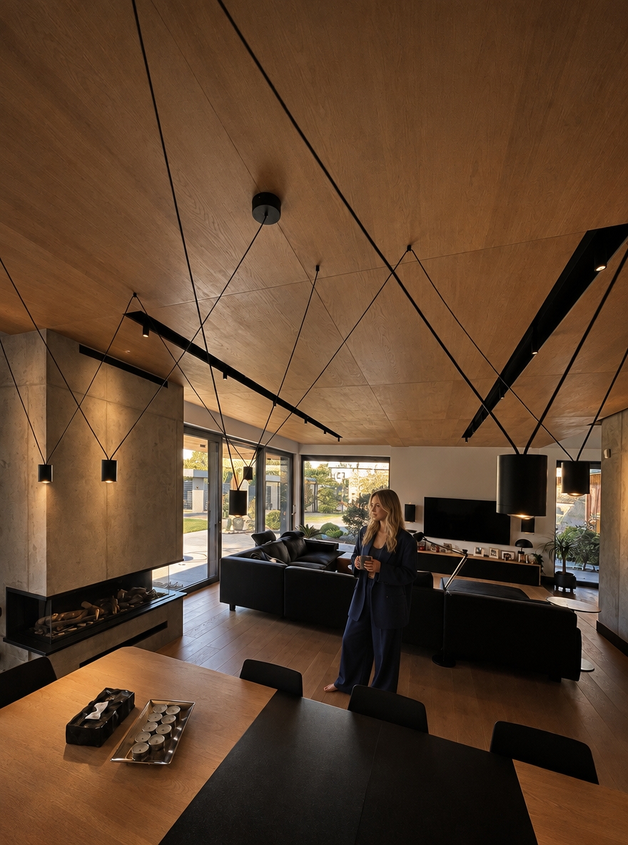 HYPER-REALISTIC ARCHITECTURAL INTERIOR PHOTOGRAPHY — ABSOLUTE REFERENCE PRESERVATION Transform this reference image into an ultra-realistic, high-end architectural lifestyle photograph while preserving absolutely everything visible in the original image. Use the reference image as the exact visual source of truth. The transformation is primarily about photographic realism, material realism, surface texture, lighting, atmosphere, depth, natural imperfections, and realistic human integration. The existing interior design, architecture, finishes, materials, furniture, objects, proportions, perspective and composition must remain unchanged. Do not redesign the interior. Do not reinterpret the interior. Do not replace existing materials. Do not change existing finishes. Do not change the existing colour palette. Do not change the architectural design. Do not change the furniture arrangement. Do not change the composition. The final image must look like the exact same interior photographed professionally with a high-end full-frame camera, with dramatically improved photographic realism and material quality. ================================================== ABSOLUTE PRESERVATION — HIGHEST PRIORITY ================================================== Preserve exactly: - existing architecture - room geometry - proportions - dimensions - walls - ceiling - floor - kitchen island - cabinetry - cabinet layout - tall units - wall panels - backsplash - countertops - appliances - sink - faucet - lighting fixtures - furniture - lounge chair - curtains - decorative objects - accessories - windows - glazing - doors - openings - existing materials - existing colours - existing finishes - object placement - spatial relationships - camera position - camera height - focal-length appearance - perspective - viewing direction - framing - crop - composition - visual hierarchy Do not add architectural elements. Do not remove architectural elements. Do not relocate anything. Do not resize anything. Do not simplify anything. Do not reconstruct anything. Do not modernize anything. Do not make the interior more luxurious by changing its design. Do not make the interior more minimal. Do not change the existing material palette. Do not change the existing colour palette. The original interior design must remain completely intact. ================================================== PRIMARY TRANSFORMATION ================================================== The only intended transformation is: 1. dramatically improve photographic realism 2. improve existing material texture quality 3. improve surface micro-detail 4. improve physically accurate light–material interaction 5. improve realistic reflections 6. improve realistic shadows 7. improve natural depth and tonal transitions 8. improve photographic atmosphere 9. naturally integrate the woman into the existing interior The final image must remain visually identical to the original reference in architecture, design, materials, furniture, objects, spatial relationships, camera and composition. ================================================== OVERALL MOOD ================================================== Create a dark, moody, low-key architectural photography atmosphere. The interior should feel: - warm - quiet - luxurious - sophisticated - intimate - calm - tactile - contemporary - naturally lived-in - architecturally refined Use restrained cinematic underexposure. The image should feel atmospheric and sophisticated rather than dramatically stylized. Maintain deep blacks and controlled shadows while preserving sufficient material information in darker areas. The mood must come from: - realistic exposure - warm artificial light - soft natural daylight - realistic material response - subtle shadow depth - controlled highlights - natural tonal transitions No excessive cinematic stylization. No exaggerated contrast. No crushed shadow detail. No artificial HDR. No excessive bloom. No artificial colour grading. ================================================== LIGHTING — CRITICAL PRIORITY ================================================== Physically accurate architectural photography lighting. Use deliberate cinematic underexposure while maintaining realistic exposure relationships between the interior, woman, furniture, walls, floor, cabinetry, kitchen island, ceiling, and all architectural elements. Warm artificial lighting approximately 2700–3000K remains restrained, soft, directional, and realistic. The warm artificial light should gently graze the existing warm natural wood surfaces and architectural elements, revealing their authentic natural grain, fine pores, subtle surface imperfections, micro-texture, and material depth primarily through controlled highlights and soft shadow transitions. Do NOT turn the existing wood into walnut. Do NOT darken the existing wood. Do NOT make the wood orange. Do NOT make the wood reddish. Do NOT change the existing wood colour. The warm light may create subtle warm tonal influence on the existing wood, but the underlying material and colour must remain faithful to the reference. Natural sunlight remains present and readable. Soft natural daylight enters the space naturally through the existing glazing and interacts with: - the dark floor - kitchen island - existing natural wood cabinetry - original wall surfaces - black architectural elements - countertop - furniture - curtains - decorative objects - the woman Natural daylight should create: - soft realistic highlights - subtle reflections - realistic shadow transitions - believable colour transitions - natural light falloff - physically accurate ambient illumination Maintain realistic exposure relationships between the brighter window area and the darker interior. The window area may remain naturally brighter than the interior, but it should retain believable photographic detail and must not appear artificially blown out. Use realistic: - indirect illumination - global illumination - bounce light - ambient occlusion - contact shadows - cast shadows - reflected light - natural colour bounce - realistic light falloff - physically accurate shadow density The woman must receive exactly the same lighting conditions as the surrounding architecture. Her skin, hair and navy clothing must respond naturally to the same warm artificial light and natural daylight. The woman must NOT appear separately illuminated. No beauty lighting. No studio lighting. No spotlight on the woman. No artificial rim light. No dramatic backlight added specifically for the woman. No artificial glow. No theatrical lighting. No visible light beams. No excessive volumetric light. No excessive bloom. No lens flare. No stylized lighting effects. The final lighting must look as though the entire scene — architecture, furniture, materials and woman — was photographed simultaneously inside the real interior. ================================================== EXISTING WOOD — PRESERVE EXACTLY ================================================== Preserve the existing warm natural wood cabinetry and wall elements exactly as shown in the reference. The existing wood colour must remain unchanged. Do NOT transform it into: - dark walnut - black wood - orange wood - reddish wood - yellow oak - grey wood - artificially stained wood Do not change the apparent species or visual identity of the existing wood. Only improve the realism and texture quality. The existing wood should look like authentic high-end natural architectural veneer photographed in real life. Create extremely realistic: - fine natural grain - subtle longitudinal grain direction - delicate pore structure - microscopic tonal variation - natural growth variation - subtle differences between veneer sheets - realistic veneer transitions - subtle surface irregularities - extremely fine tactile texture - realistic edge definition - natural light absorption - physically accurate reflectivity - subtle dimensional depth The grain should remain relatively calm, elegant and architectural. Avoid exaggerated rustic grain. Avoid dramatic knots. Avoid excessive contrast in the grain. Avoid repetitive patterns. Avoid cloned grain. Avoid procedural texture. Avoid perfectly uniform surfaces. Avoid excessive sharpening. The wood should look more realistic, not different. ================================================== WOOD SURFACE FINISH ================================================== Preserve the existing matte-to-satin appearance. Use subtle, physically accurate reflectivity. The surface should contain: - soft diffuse reflection - extremely subtle highlights - realistic micro-roughness - visible but restrained grain - natural pore structure - slight imperfections - realistic material depth The wood must never appear: - plastic - laminated - artificially glossy - artificially dark - synthetic - flat - CGI-generated ================================================== WALLS — ORIGINAL FINISH PRESERVED ================================================== Preserve the existing wall finish exactly as shown in the reference. Do NOT replace the walls with: - walnut - wood - concrete - stone - marble - decorative plaster - microcement - architectural panels - another material Do NOT change their colour. Do NOT change their geometry. Do NOT add cladding. Do NOT remove wall surfaces. Only improve their texture and photographic realism. The original wall surface should gain subtle: - micro-texture - natural surface irregularities - very fine tonal variation - realistic diffuse response - subtle pores - natural imperfections - believable material depth - realistic interaction with light The texture must remain subtle. It should be visible primarily through realistic light grazing across the surface rather than exaggerated artificial detail. The walls must still look exactly like the original walls. ================================================== CEILING — ORIGINAL FINISH PRESERVED ================================================== Preserve the existing ceiling exactly. Do not change: - colour - geometry - height - surface finish - lighting positions Improve only photographic realism. Create subtle natural tonal variation and realistic light falloff. No artificial texture. No decorative redesign. ================================================== BLACK ELEMENTS ================================================== Preserve all existing black elements exactly. This includes: - black cabinetry - black island - black backsplash - black vertical architectural elements - black curtains - black metal details - black frames - dark floor Do not change their colour. Do not lighten them. Do not replace them. Improve only their physical realism. Black surfaces should retain deep rich blacks while preserving subtle material information. Create realistic: - micro-roughness - soft reflections - subtle tonal variation - natural specular response - fine surface imperfections - realistic light absorption No artificial glossy black. No plastic black. No crushed black detail. No CGI appearance. ================================================== FLOOR — ORIGINAL DARK FINISH PRESERVED ================================================== Keep the existing dark floor exactly as shown in the reference. Do NOT replace it with concrete. Do NOT make it light grey. Do NOT change its colour. Do NOT change its geometry. Do NOT introduce new joints. Only improve its realism. Add extremely subtle: - natural micro-texture - fine surface variation - realistic diffuse reflection - subtle sheen - natural imperfections - physically accurate light reflection - realistic contact shadows The floor must remain dark, elegant and understated. No wet appearance. No mirror-like reflection. No excessive gloss. No plastic appearance. No artificial uniformity. ================================================== COUNTERTOPS ================================================== Preserve the existing countertop exactly. Maintain: - colour - geometry - thickness - edge profile - surface character - spatial position Improve only its physical realism. Create subtle: - mineral variation - micro-texture - realistic roughness - natural tonal variation - physically accurate reflection No material replacement. No colour change. ================================================== BLACK BACKSPLASH ================================================== Preserve the existing black backsplash exactly. Improve only: - surface depth - subtle micro-texture - realistic reflection - micro-roughness - light interaction - tonal variation Keep it dark, sophisticated and understated. No mirror effect. No excessive gloss. ================================================== METAL ELEMENTS ================================================== Preserve all existing metal fixtures and hardware exactly. This includes: - faucet - handles - lighting details - metal frames - other visible metal components Maintain their existing colour and finish. Improve: - realistic metal reflectivity - subtle imperfections - physically correct highlights - realistic edge reflections - natural interaction with surrounding light No exaggerated chrome. No excessive sharp reflections. ================================================== GLASS AND WINDOWS ================================================== Preserve the existing glazing and window frames exactly. Glass should remain physically realistic with: - subtle transparency - realistic reflections - slight atmospheric variation - natural exterior light - physically accurate refraction Do not alter the window dimensions. Do not redesign the glazing. Do not change the exterior architecture visible through the glass. ================================================== CURTAINS AND TEXTILES ================================================== Preserve the existing curtains and textiles exactly. Improve their realism through: - authentic textile structure - subtle individual fibre detail - natural folds - gravity-driven draping - realistic compression - realistic light absorption - natural shadow behaviour No artificial smoothing. No synthetic appearance. ================================================== MATERIAL REALISM ================================================== All materials must exhibit physically accurate behaviour under the existing lighting. Every surface should contain subtle real-world micro-imperfections appropriate to its material. Upholstered fabrics should show: - realistic textile density - subtle individual fibres - soft light absorption - natural creasing - subtle compression - realistic shadow behaviour Stone and mineral surfaces should feel: - heavy - tactile - dense - physically real - subtly porous - naturally varied Glass should remain: - physically transparent - subtly reflective - naturally refractive Metal should remain: - subdued - physically reflective - controlled in its highlights Wood should remain: - natural - warm - tactile - subtly textured - physically dimensional No material should appear excessively glossy or artificially perfect. ================================================== WOMAN — SAME WOMAN AS PREVIOUSLY CREATED ================================================== Add the SAME blonde woman from the previously created reference. She must visually correspond to the exact same woman previously generated. Do NOT generate a different woman. Do NOT create a generic blonde model. Preserve the same: - blonde hair character - hairstyle - facial proportions - facial character - natural expression - body type - body proportions - feminine silhouette - age appearance - overall appearance - relaxed personality - photographic quality She should look like the exact same real woman photographed during the same professional architectural photoshoot. ================================================== WOMAN — NATURAL APPEARANCE ================================================== Naturally beautiful adult blonde woman. Long, loose, softly wavy blonde hair. Warm natural blonde colour with subtle darker blonde roots and realistic tonal variation. Individual hair strands must be visible. Hair should contain: - natural flyaway strands - realistic density - believable volume - subtle irregularities - natural highlights - realistic interaction with ambient light Facial features should be refined but completely natural. Preserve subtle natural facial asymmetry. Skin should contain: - realistic pores - tiny imperfections - subtle tonal variation - believable translucency - physically accurate subsurface scattering - natural highlights - realistic shadow transitions No plastic skin. No airbrushed skin. No artificial beauty filter. No excessive smoothing. No mannequin appearance. No generic AI face. No excessive beauty retouching. ================================================== OUTFIT — SAME DESIGN, DEEP NAVY BLUE ================================================== The woman wears the SAME relaxed two-piece outfit from the original prompt, but the colour is changed to sophisticated deep navy blue. The outfit consists of: - relaxed oversized beige-style tailored blazer silhouette - matching very wide-leg full-length trousers - flowing wide trouser silhouette - relaxed contemporary tailoring - understated luxury aesthetic - premium linen-look textile - matte tactile surface The design, cut, proportions and silhouette must remain the same. Only the colour changes. The outfit colour must be: - deep navy blue - rich dark navy - sophisticated - slightly desaturated - elegant - architectural The navy must remain visibly navy rather than becoming black. Avoid: - bright blue - royal blue - electric blue - cyan - turquoise - purple-blue - overly saturated blue The navy fabric should respond naturally to the warm interior lighting. Warm light may create extremely subtle warm tonal influence on the fabric while the garment remains clearly deep navy. ================================================== CLOTHING REALISM ================================================== The navy outfit must look like genuine premium linen or very high-quality linen-look fabric. Include: - authentic fibre structure - subtle weave visibility - natural weave irregularities - realistic textile density - natural wrinkles - soft creasing - realistic compression - gravity-driven folds - slight irregularity - natural tension around elbows - realistic folds around waist - realistic folds around hips - natural draping around legs - matte light absorption - subtle highlights only where fabric catches light The trousers must remain VERY WIDE, flowing and full-length. The trouser legs should naturally fall toward the floor with realistic weight and gravity. The blazer should remain relaxed and slightly oversized. No synthetic appearance. No plastic texture. No glossy fabric. No excessive stiffness. No fashion illustration. No different outfit. No dress. No skirt. No jeans. No narrow trousers. No leggings. No bright colours. No logos. No unnecessary accessories. ================================================== BAREFOOT ================================================== The woman is barefoot. Her feet must be: - anatomically correct - naturally positioned - correctly proportioned - physically grounded - realistic in scale Use subtle physically accurate contact shadows. No floating feet. No distorted toes. No anatomical errors. ================================================== POSE ================================================== The woman stands naturally and calmly within the existing interior. Her posture is: - relaxed - subtle - elegant - believable - spontaneous Avoid a fashion-model pose. Avoid exaggerated body language. Avoid dramatic gestures. Use natural weight distribution. Relaxed shoulders. Subtle asymmetry. Natural arms and hands. Natural posture. She should look as though she is naturally inhabiting the kitchen during an architectural photoshoot. She should NOT appear to be intentionally posing for the camera. ================================================== HUMAN SCALE ================================================== Maintain physically correct human scale relative to: - kitchen island - cabinetry - countertop - doors - walls - floor - furniture - architectural openings - ceiling height - surrounding objects The woman must be correctly integrated into the spatial perspective. No oversized body. No undersized body. No distorted proportions. ================================================== HYPER-REALISTIC HUMAN DETAIL ================================================== The woman must look completely real. Skin: - realistic pores - subtle fine lines - natural imperfections - realistic tonal variation - believable translucency - soft subsurface scattering - natural highlights - realistic shadow transitions Hair: - individual strands - natural flyaway hairs - realistic density - physically believable volume - subtle tonal variation - natural highlights - realistic interaction with ambient light Hands: - anatomically correct hands - realistic fingers - correct finger proportions - natural joints - subtle skin folds - realistic nails Feet: - anatomically correct - realistic toes - realistic skin texture - natural weight distribution - accurate contact with floor ================================================== INTEGRATION WITH ARCHITECTURE ================================================== The woman must be physically integrated into the existing interior. She must receive exactly the same lighting conditions as the surrounding architecture. Her skin, hair and clothing must respond naturally to the same warm artificial light and natural daylight. Use physically accurate: - indirect illumination - reflected light - colour bounce - ambient occlusion - contact shadows - cast shadows - light falloff - exposure - depth - atmospheric interaction The existing warm natural wood should subtly influence the light falling onto her clothing and skin where physically appropriate. The dark floor should create subtle, physically accurate reflected ambient light. Her navy clothing should absorb and reflect light naturally according to its textile properties. Her presence must feel as if she was physically standing in the interior during the original architectural photoshoot. No cutout appearance. No pasted-on appearance. No halo. No edge artefacts. No mismatched sharpness. No mismatched colour temperature. No mismatched exposure. No artificial compositing. No artificial spotlight. ================================================== CAMERA AND COMPOSITION ================================================== The camera remains COMPLETELY LOCKED. Preserve exactly: - camera position - camera height - focal length - perspective - viewing direction - framing - crop - composition - architectural proportions - spatial relationships Do not move the camera. Do not zoom. Do not crop. Do not change the lens. Do not create another angle. Do not introduce another shot. Do not alter the perspective. The woman must be inserted into the existing composition without changing the framing. ================================================== DEPTH OF FIELD ================================================== Use natural full-frame architectural photography depth of field. Maintain realistic focus relationships between architecture and woman. No artificial excessive background blur. No cinematic fake bokeh. No exaggerated shallow depth of field. The image must retain sufficient architectural detail throughout the scene. ================================================== PHOTOGRAPHIC MICRO-DETAIL ================================================== Extremely realistic micro-contrast and organic sharpness. Natural full-frame camera rendering. Subtle optical characteristics of a professional architectural lens. Natural tonal roll-off. Realistic highlight behaviour. Realistic shadow transitions. Subtle film grain. No oversharpening. No excessive clarity. No HDR appearance. No artificial micro-contrast. No digital noise. ================================================== PHOTOGRAPHIC REALISM ================================================== The final image must look like a genuine high-end architectural photograph captured with a professional full-frame camera. It must NOT look like: - CGI - 3D render - computer-generated visualization - digital illustration - AI-generated interior - stylized image Use: - organic photographic sharpness - realistic micro-contrast - natural tonal roll-off - realistic highlights - realistic shadows - physically accurate reflections - natural material response - subtle optical characteristics - subtle film grain - authentic colour response No artificial perfection. ================================================== FINAL IMAGE QUALITY ================================================== Extreme detail. Hyper-realistic material definition. Organic photographic sharpness. Physically accurate light–material interaction. Natural human realism. Realistic architectural scale. Realistic reflections. Realistic shadows. Realistic textures. Realistic colour grading. Deep blacks. Controlled highlights. Natural tonal roll-off. Subtle film grain. Sophisticated editorial photography aesthetic. The final image must be completely indistinguishable from a real high-end architectural photograph captured on a professional full-frame camera. The architecture must remain exactly as in the reference. The materials must remain exactly as in the reference. The colours of the interior must remain exactly as in the reference. The camera must remain exactly as in the reference. The composition must remain exactly as in the reference. The woman must look like the SAME blonde woman previously created. She must wear the SAME two-piece outfit design, but in deep navy blue. She must appear completely real, natural, anatomically correct, physically grounded, and perfectly integrated into the architectural photograph. ================================================== FINAL NEGATIVE CONSTRAINTS ================================================== NO CHANGE TO ARCHITECTURE. NO CHANGE TO WALL FINISH. NO CHANGE TO FLOOR FINISH. NO CHANGE TO WOOD COLOUR. NO DARK WALNUT. NO LIGHT CONCRETE. NO MATERIAL REPLACEMENT. NO CHANGE TO CABINETRY. NO CHANGE TO FURNITURE. NO CHANGE TO OBJECT PLACEMENT. NO CHANGE TO LIGHTING DESIGN. NO CHANGE TO CAMERA. NO CHANGE TO PERSPECTIVE. NO CHANGE TO COMPOSITION. NO REDESIGN. NO REARRANGEMENT. NO NEW ARCHITECTURAL ELEMENTS. NO CGI LOOK. NO 3D RENDER LOOK. NO AI-GENERATED LOOK. NO DIGITAL ILLUSTRATION. NO STYLIZATION. NO ARTIFICIAL PERFECTION. NO PLASTIC MATERIALS. NO PLASTIC SKIN. NO FAKE WOOD GRAIN. NO PROCEDURAL TEXTURES. NO CLONED TEXTURES. NO EXCESSIVE WOOD GRAIN. NO EXCESSIVE GLOSS. NO ARTIFICIAL MIRROR REFLECTIONS. NO ARTIFICIAL HDR. NO EXCESSIVE SHARPNESS. NO ARTIFICIAL BOKEH. NO THEATRICAL LIGHTING. NO LIGHT BEAMS. NO LENS FLARE. NO EXCESSIVE BLOOM. NO ARTIFICIAL SPOTLIGHT ON WOMAN. NO BEAUTY LIGHTING. NO FASHION-MODEL POSE. NO CHILDREN. NO ADDITIONAL PEOPLE. NO DIFFERENT WOMAN. NO GENERIC AI FACE. NO BEAUTY FILTER. NO MANNEQUIN APPEARANCE. NO DISTORTED HANDS. NO DISTORTED FEET. NO ANATOMICAL ERRORS. NO FLOATING BODY. NO CUTOUT EFFECT. NO HALO. NO EDGE ARTEFACTS. NO COMPOSITING ARTEFACTS. NO MISMATCHED LIGHTING. NO MISMATCHED EXPOSURE. NO MISMATCHED COLOUR TEMPERATURE. NO MISMATCHED SHARPNESS. ================================================== FINAL DIRECTIVE ================================================== Preserve the exact original kitchen. Preserve the exact original architecture. Preserve the exact original materials. Preserve the exact original wall finish. Preserve the exact original warm natural wood. Preserve the exact original dark floor. Preserve the exact original black elements. Preserve the exact original furniture and objects. Preserve the exact original camera and composition. Improve ONLY photographic realism, material texture, micro-detail, lighting realism, surface depth, reflections, shadows and natural human integration. Maintain the dark, moody, warm, sophisticated luxury atmosphere of the original prompt. Use realistic 2700–3000K warm artificial lighting combined with soft natural daylight. Keep the interior deliberately slightly underexposed while preserving realistic material information. The woman must be the same blonde woman as previously created. She must wear the same wide-leg two-piece outfit design in sophisticated deep navy blue. She must look physically present inside the space, naturally illuminated by the exact same lighting as the architecture. The final result must look like a real professional architectural photograph, not a redesigned interior and not a CGI visualization.
