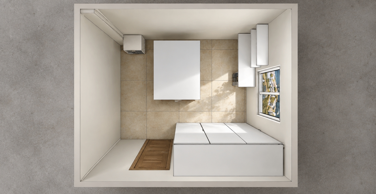A high-resolution overhead architectural photograph capturing the exact room layout and geometry from a straight top-down perspective. Soft, natural daylight pours in through the window, casting subtle, realistic directional shadows and gentle contact ambient occlusion across the beige tiled floor and defined grout lines. The white furniture exhibits a realistic satin-matte finish, while the wood panel near the doorway displays fine, authentic grain and tactile texture. Shot with a sharp medium-format lens, neutral color temperature, subtle surface micro-textures, and fine photographic grain that preserves every structural detail and material finish exactly as shown.