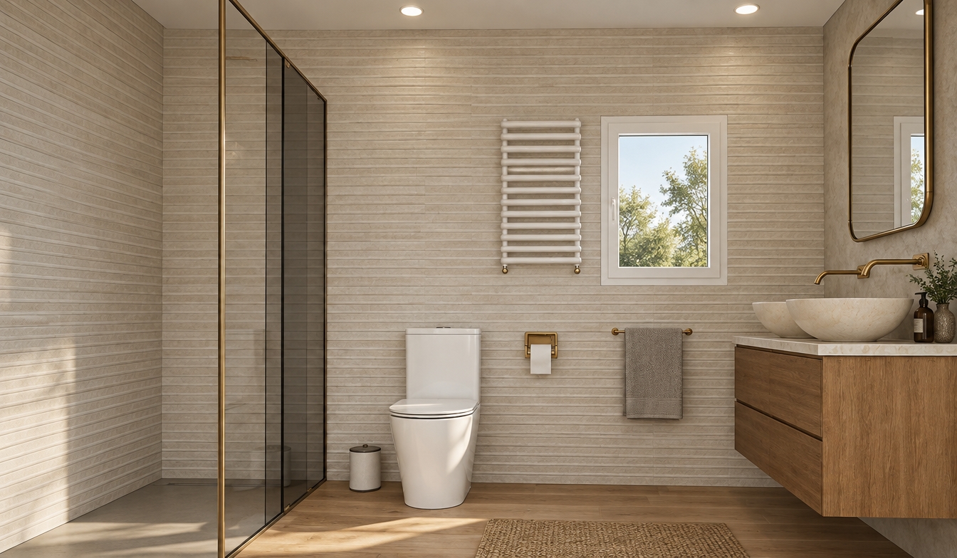 A photorealistic architectural photograph of the modern bathroom, capturing crisp, soft midday spring light that diffuses gently across the textured horizontal wall tiles and warm wooden floorboards. Shot on a wide-angle lens with straight vertical lines, the scene highlights authentic material finishes: polished white ceramic fixtures, rich wood grain on the floating vanity, brushed brass hardware, and clean tinted glass on the shower partition with subtle reflections. Soft natural ambient daylight balances with gentle recessed ceiling illumination, producing realistic contact shadows and balanced neutral color temperatures throughout.