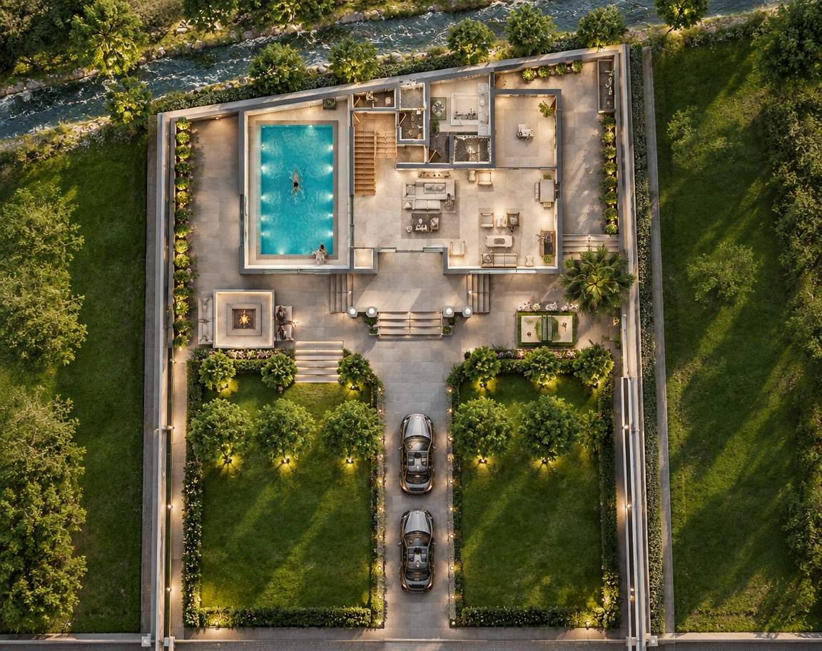 An incredibly lifelike, richly detailed, photorealistic wide-angle exterior-to-interior architectural photograph of a luxury classical duplex villa set in a sun-drenched, manicured private estate. The scene is illuminated by crisp, natural midday summer sunlight harmoniously balanced with warm interior perimeter LED cove lighting and subtle underwater luminescence, creating a refined, tranquil, and opulent atmosphere. Captured with a professional tilt-shift architectural lens, emphasizing the precise grout lines of the 80 cm × 80 cm honed gray ceramic flooring, the crystal-clear turquoise ripples of the indoor pool, and the smooth masonry of the terrace. In the foreground, the sophisticated elevated terrace stands proudly 60 cm above the lower garden, transitioning seamlessly via four clean-lined, modern 15 cm stone steps directly adjacent to a sleek square outdoor fire pit positioned squarely in front of the enclosed swimming pool wing. Through expansive floor-to-ceiling glass partitions, a swimmer glides effortlessly through the indoor pool while the adjoining grand living hall unfolds, showcasing an exquisite natural hardwood staircase, classical wall moldings, and refined seating. Outside, lush green lawns, manicured ornamental trees, and a private paved motor court complete the grounds, bounded along the solid, windowless northern boundary wall by the gentle, shimmering flow of an adjacent natural stream.