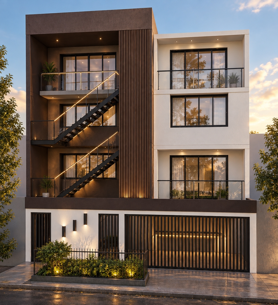 An incredibly lifelike, richly detailed, photorealistic eye-level perspective of a contemporary three-story townhouse set in a refined urban neighborhood under the crisp, clear sky of a late afternoon. The scene is illuminated by soft, golden-hour sunlight that creates a warm, inviting atmosphere, casting gentle shadows that accentuate the building's sophisticated geometry. Captured with a 35mm wide-angle lens, the image emphasizes the high-contrast material palette: a deep, matte-finish charcoal brown paneling paired with clean, crisp white stucco. The exterior staircase has been transformed into a striking architectural feature, now constructed from sleek, powder-coated black steel with perforated metal treads and integrated LED strip lighting along the handrails, casting a subtle, elegant glow onto the textured brown facade. A vertical wood-slat privacy screen provides a warm, organic contrast between the two main volumes, while expansive floor-to-ceiling glass doors with slender black mullions reflect the surrounding trees. At the base, a modern security gate composed of rhythmic black vertical metal bars harmonizes with the building’s linear theme, and a carefully landscaped front garden with manicured shrubs and soft ambient uplighting adds a touch of lush greenery to the concrete walkway. The composition is masterfully balanced, utilizing a slight depth of field to draw the eye from the intricate textures of the staircase up toward the clean, minimalist lines of the upper balconies, resulting in a project that exudes modern luxury and structural clarity.