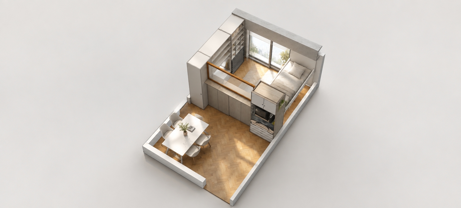 An incredibly lifelike, richly detailed, photorealistic isometric architectural visualization of a compact minimalist haven set in a bright, airy urban apartment. The scene is illuminated by soft, natural morning light streaming through the floor-to-ceiling glass partition, creating a serene and zen-inspired atmosphere. Captured with a 35mm lens, the image emphasizes the rich textures of the honey-toned herringbone oak flooring, the sleek matte-gray cabinetry, and the polished white dining surfaces.

This streamlined studio apartment is a masterclass in functional elegance, where every inch is optimized for a clutter-free lifestyle. A dedicated workspace blends seamlessly into the architecture, featuring a minimalist wooden desk setup accented by a single, vibrant indoor plant that breathes life into the monochromatic palette of whites and soft grays. The interior is decorated with refined simplicity: a curated photography book rests on a clean surface, and a piece of abstract wall art adds a subtle touch of sophistication to the neutral walls. The spatial relationship between the cozy sleeping nook, divided by a thoughtful glass-and-wood partition, and the dining area creates a harmonious flow, showcasing a perfect balance of modern design and tranquil, intentional living.