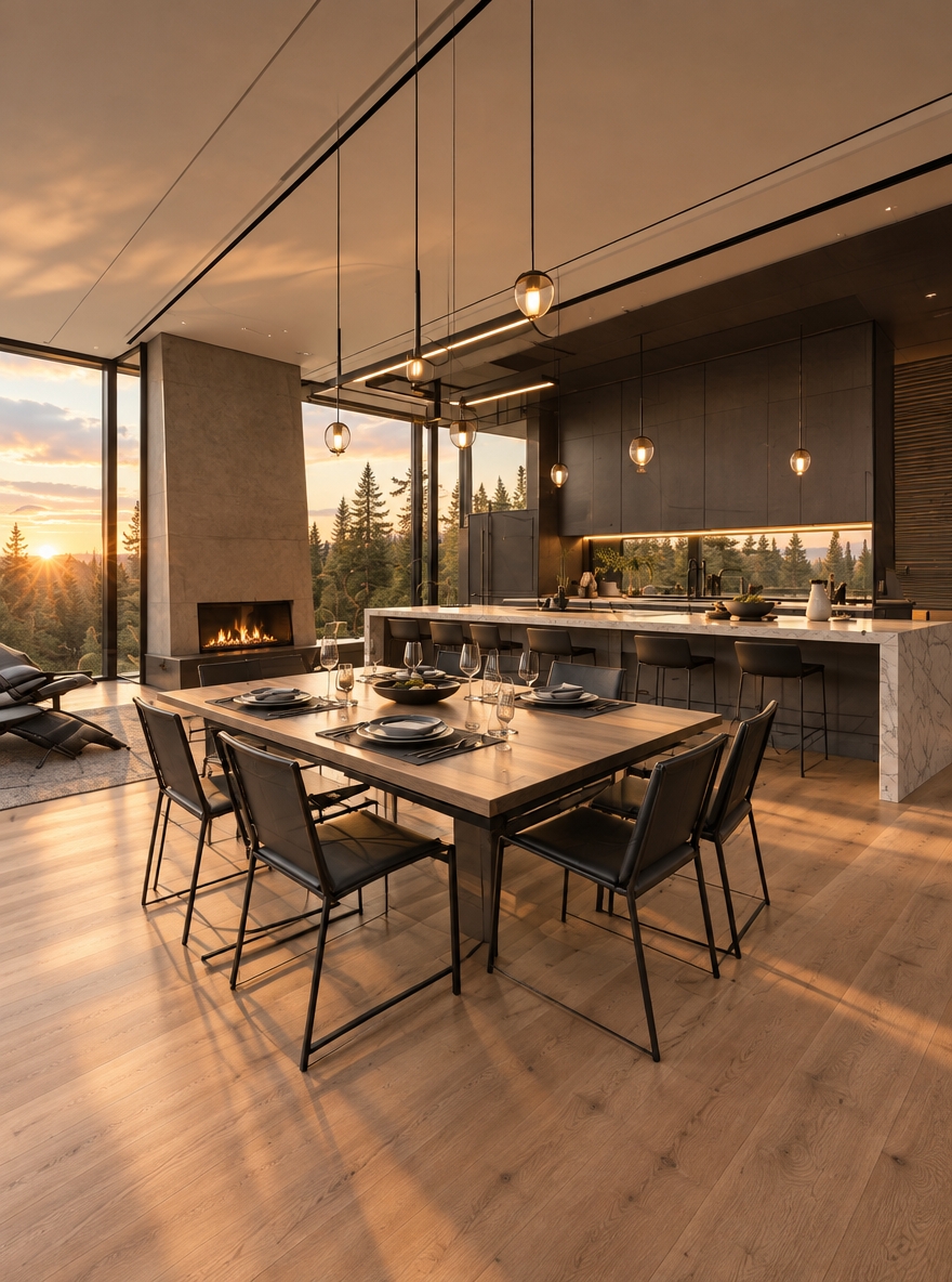 An incredibly lifelike, richly detailed, photorealistic wide-angle interior photograph of an open-concept kitchen and dining area set in a contemporary forest retreat. The scene is illuminated by the radiant, amber glow of a spring sunset pouring through expansive floor-to-ceiling windows, complemented by the soft, warm ambient radiance of slender pendant lights and the subtle flicker of an integrated modern fireplace, creating a serene, sophisticated, and deeply tranquil atmosphere. Captured with a professional full-frame camera and a sharp tilt-shift architectural lens, emphasizing the fine grain of light oak hardwood floors, sleek honed quartz countertops on the waterfall island, and delicate glints of light dancing across the crystal wine glasses and ceramic tableware. The foreground showcases an impeccably set dining table paired with slim, matte-black steel-framed chairs, while the background reveals seamless, dark contemporary cabinetry and the breathtaking, lush green canopy of the surrounding woodland transitioning into dusk.