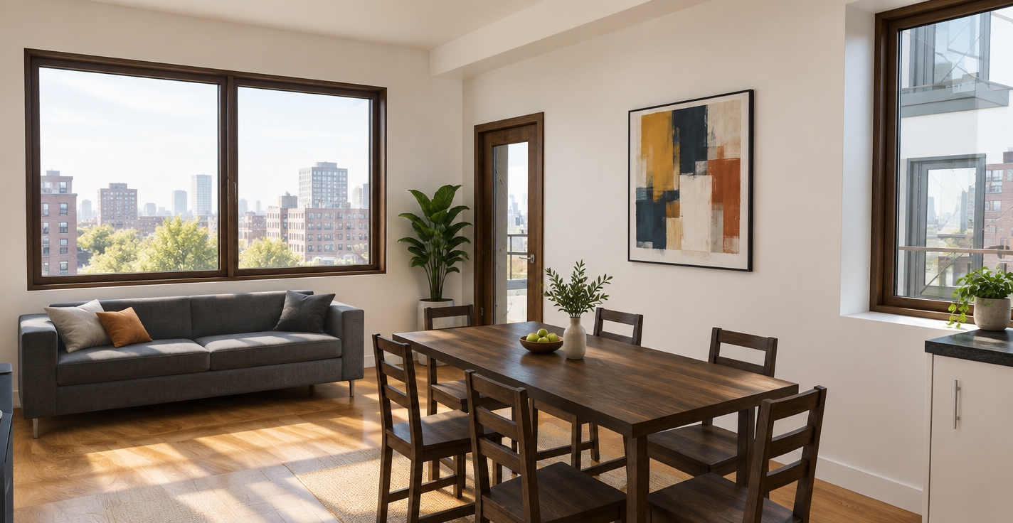An incredibly lifelike, richly detailed, photorealistic wide-angle interior shot of a modern fusion dining and living space set in a high-end urban apartment. The scene is illuminated by soft, natural morning light streaming through expansive, deep-toned wooden-framed windows, creating a bright, airy, and sophisticated atmosphere. Captured with a 35mm lens, emphasizing the rich, organic grain of the dark oak dining table and the smooth, matte texture of the charcoal-grey sofa.

The design embodies a seamless blend of contemporary modularity and industrial-inspired charm, featuring crisp white walls that contrast beautifully with the warm, honey-toned hardwood floors. Sleek, metallic accents on the cabinetry hardware catch the light, while a curated selection of minimal decor and vibrant abstract wall art provides a bold focal point. To the corner, a touch of lush greenery introduces organic life, softening the clean, geometric lines of the space. The open-concept layout feels intentional and spacious, with every finish—from the satin-smooth surfaces to the deep reflections in the glass—exuding a sense of curated, understated luxury consistent with a premium design publication.
