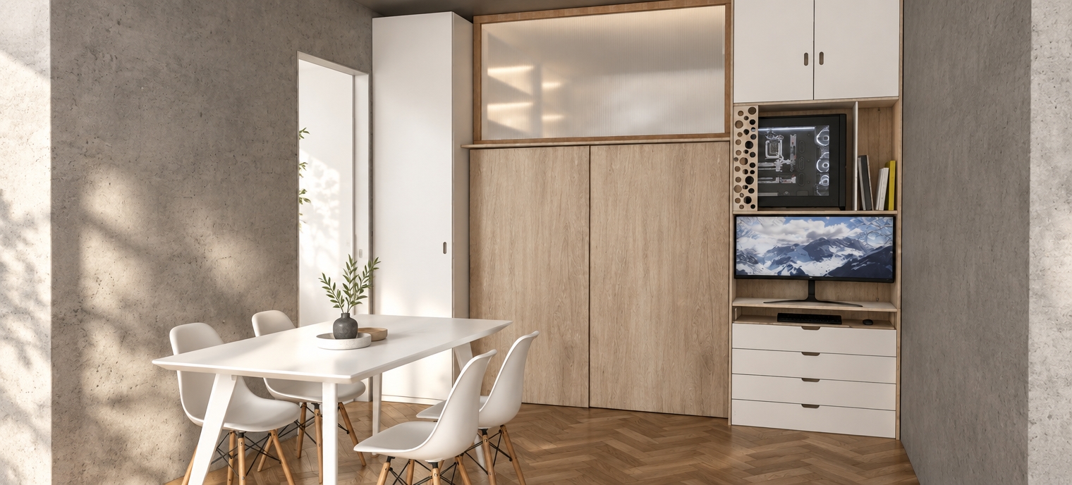 An incredibly lifelike, richly detailed, photorealistic interior shot of a bespoke multifunctional home office dining area set in a serene, Japanese Zen-inspired urban apartment. The scene is illuminated by soft, diffused natural morning light filtering through an adjacent space, creating a calming, minimalist atmosphere. Captured with a 35mm wide-angle lens, emphasizing the tactile contrast between the raw, matte concrete wall and the elegant, clean-lined cabinetry. 

The composition centers on a floor-to-ceiling custom unit, masterfully crafted from crisp white melamine and warm, wood-grained Faplac Helsinki melamine, which exudes a natural Nordic-Zen aesthetic. A sleek, integrated workstation occupies the right side of the cabinetry, showcasing a PC build with subtle interior lighting and a curved monitor displaying a tranquil mountain landscape. To the left, a minimalist dining table with iconic mid-century white molded chairs rests atop rich, herringbone-patterned oak parquet flooring. The depth of field is carefully managed, pulling focus to the refined grain of the Helsinki finish and the seamless transition between the white storage elements and the warm, inviting textures of the room. A frosted glass transom detail above the wardrobe adds a layer of depth and architectural interest, perfectly balancing the functional needs of a home office with the tranquil simplicity of Japanese design principles.