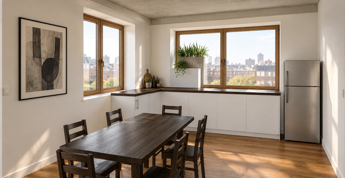 An incredibly lifelike, richly detailed, photorealistic interior shot of a modern-fusion kitchen set in an airy, urban loft. The scene is illuminated by soft, natural afternoon sunlight streaming through expansive, warm oak-framed windows, creating a bright and invigorating atmosphere. Captured with a 35mm wide-angle lens, the image emphasizes the crisp contrast between the matte white modular cabinetry and the deep, dark espresso wood tones of the dining table and chairs.

The space radiates a contemporary, industrial-inspired elegance, where clean geometric lines define an efficient open-concept layout. A sleek dark-stained wooden dining set sits prominently in the foreground, anchoring the space against the stark, minimalist white walls. Vibrant life is introduced through lush, green potted foliage resting on the window sill, adding an organic softness to the room’s industrial edges. The composition balances the smooth, high-end surfaces of the kitchen counters with the rich grain of the wood, while the subtle inclusion of abstract wall art in shades of charcoal and monochromatic tones adds a sophisticated, artistic flair. Shadows are soft and diffused, highlighting the seamless integration of functional design and refined, urban aesthetics.